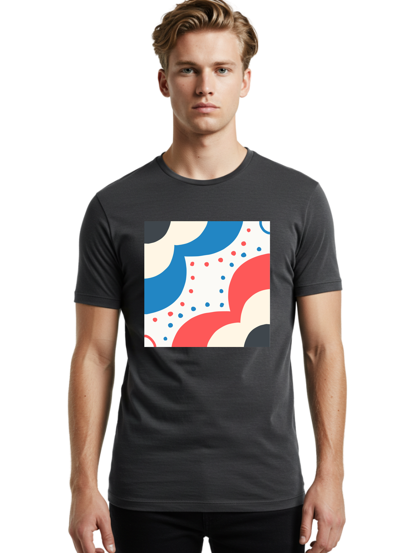 Colorful-Floral-Pattern Men'S Graphic Tee, 100% Cotton, Comfortable Casual Summer Wear, Machine Washable, Geometric Shapes, Abstract Design, Colorful Patterns, Blue Red Black White, Modern Art, Creative Graphics, Dynamic Layout, Aab680
