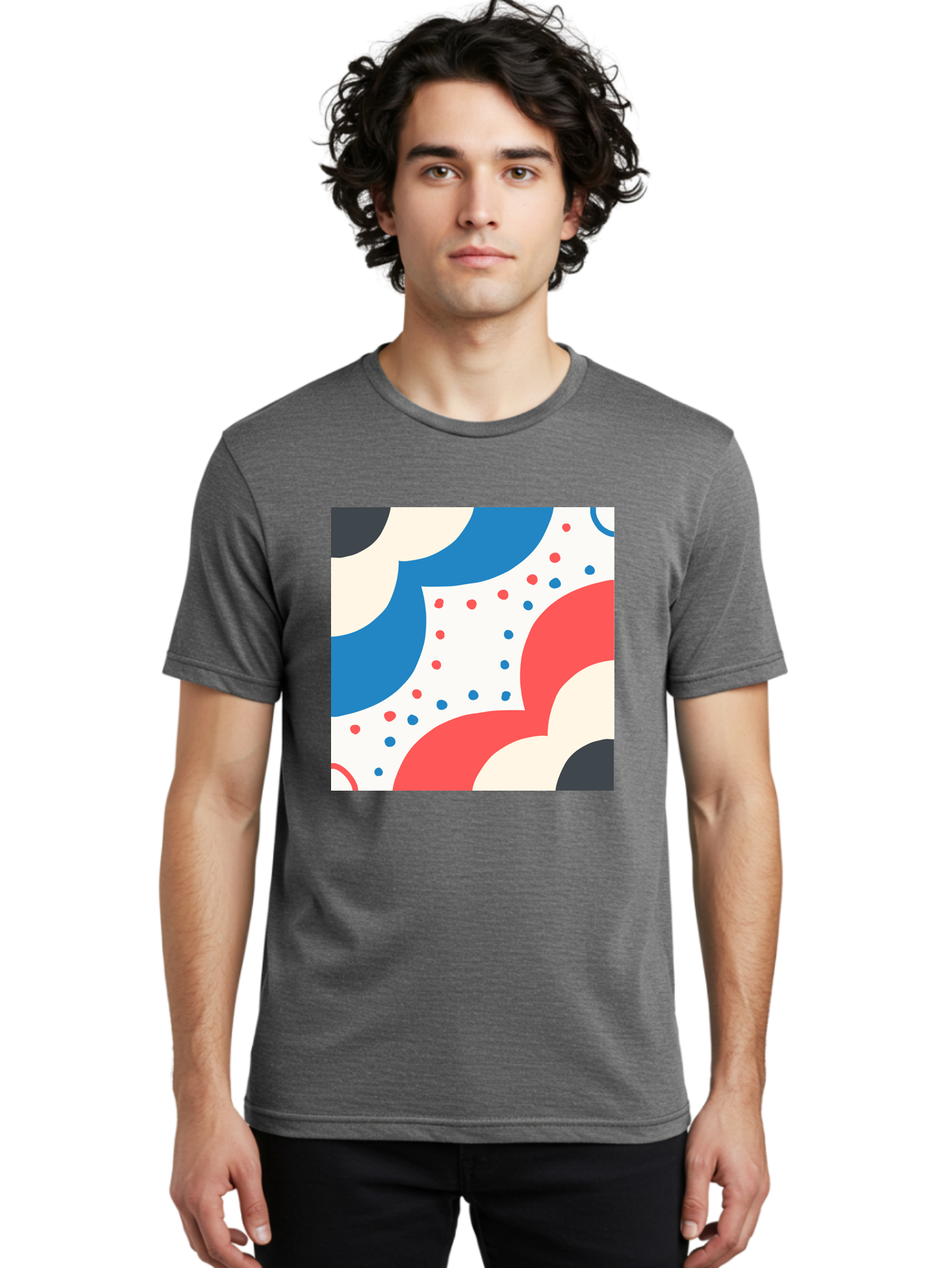 Colorful-Floral-Pattern Men'S Graphic Tee, 100% Cotton, Comfortable Casual Summer Wear, Machine Washable, Geometric Shapes, Abstract Design, Colorful Patterns, Blue Red Black White, Modern Art, Creative Graphics, Dynamic Layout, Aab680