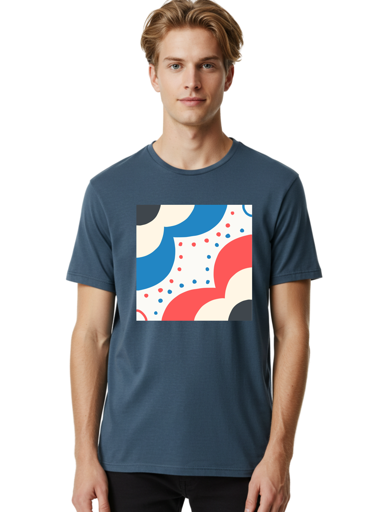 Colorful-Floral-Pattern Men'S Graphic Tee, 100% Cotton, Comfortable Casual Summer Wear, Machine Washable, Geometric Shapes, Abstract Design, Colorful Patterns, Blue Red Black White, Modern Art, Creative Graphics, Dynamic Layout, Aab680