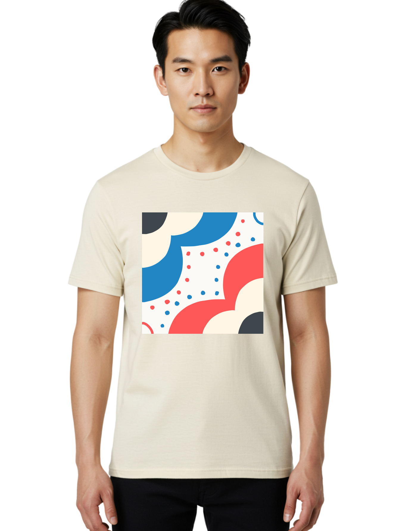 Colorful-Floral-Pattern Men'S Graphic Tee, 100% Cotton, Comfortable Casual Summer Wear, Machine Washable, Geometric Shapes, Abstract Design, Colorful Patterns, Blue Red Black White, Modern Art, Creative Graphics, Dynamic Layout, Aab680