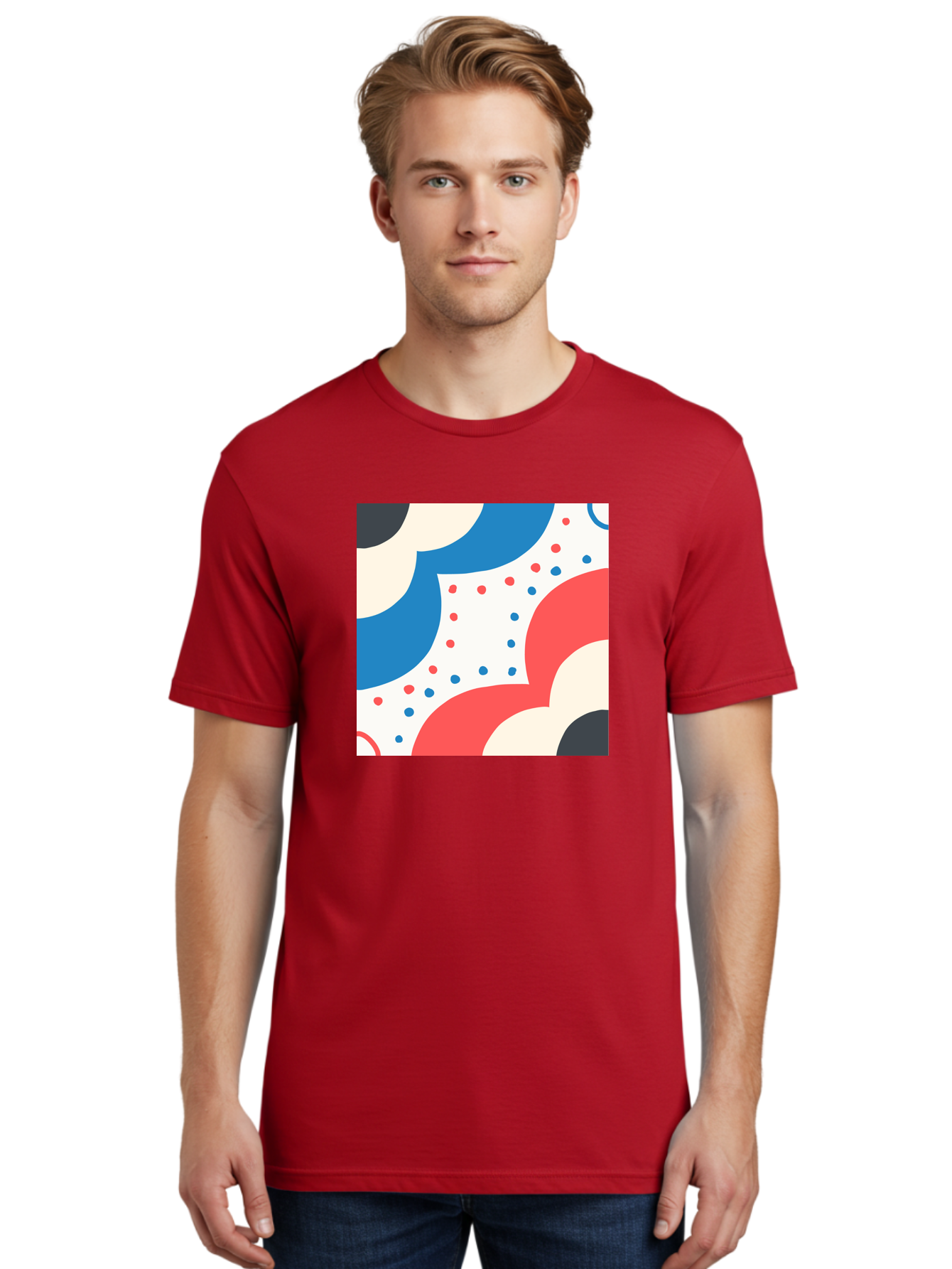 Colorful-Floral-Pattern Men'S Graphic Tee, 100% Cotton, Comfortable Casual Summer Wear, Machine Washable, Geometric Shapes, Abstract Design, Colorful Patterns, Blue Red Black White, Modern Art, Creative Graphics, Dynamic Layout, Aab680