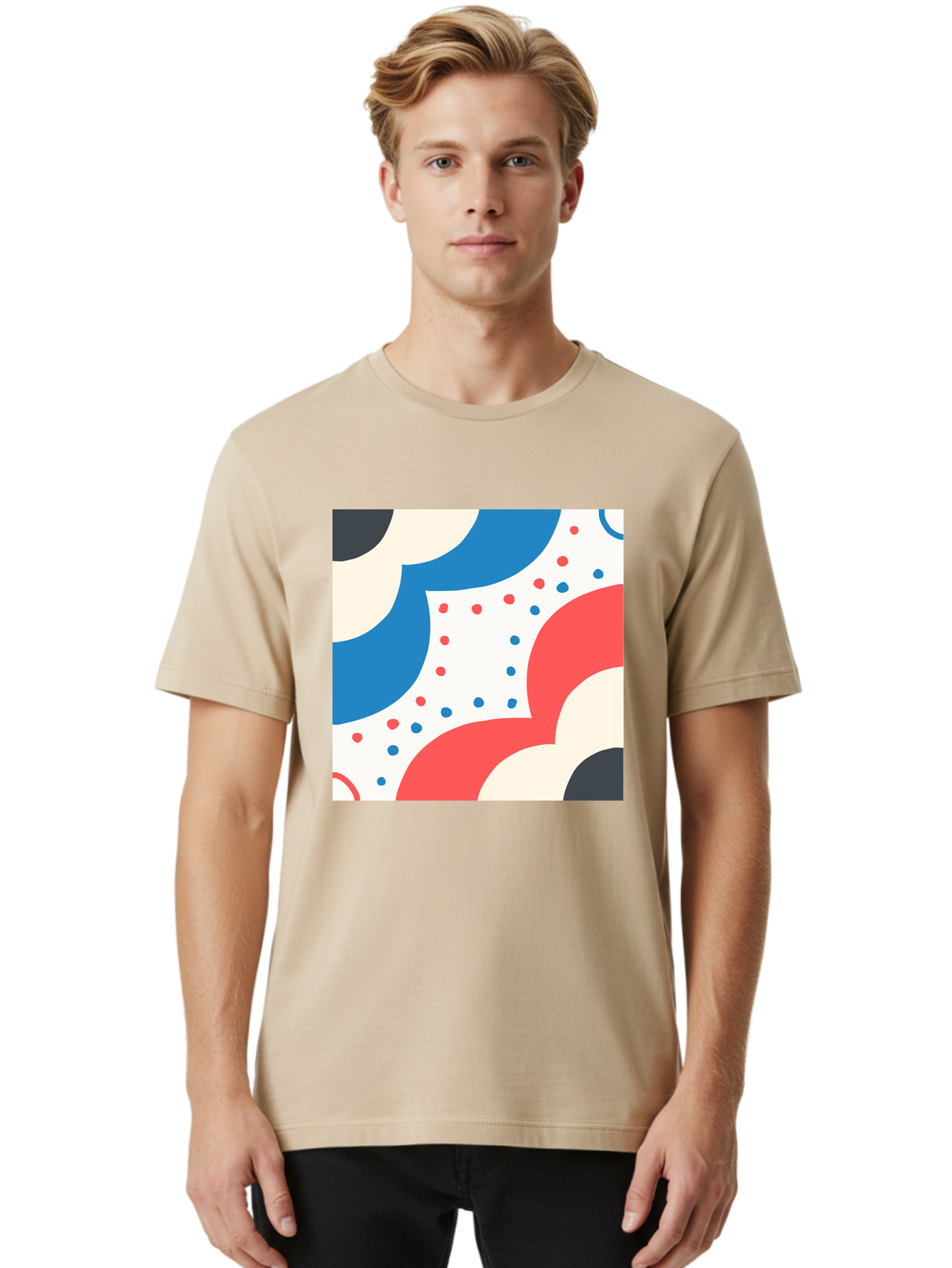 Colorful-Floral-Pattern Men'S Graphic Tee, 100% Cotton, Comfortable Casual Summer Wear, Machine Washable, Geometric Shapes, Abstract Design, Colorful Patterns, Blue Red Black White, Modern Art, Creative Graphics, Dynamic Layout, Aab680