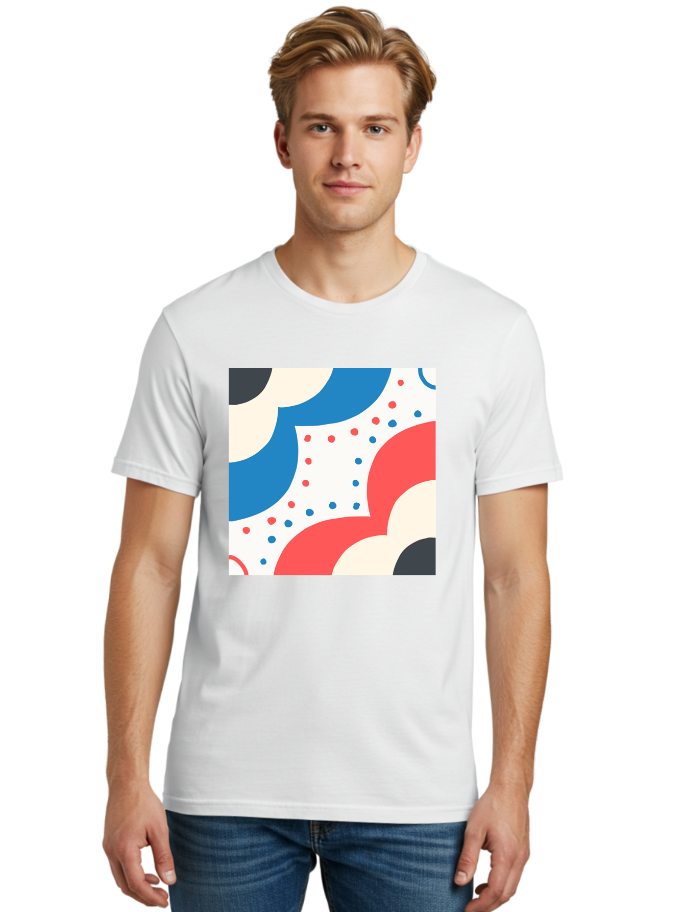 Colorful-Floral-Pattern Men'S Graphic Tee, 100% Cotton, Comfortable Casual Summer Wear, Machine Washable, Geometric Shapes, Abstract Design, Colorful Patterns, Blue Red Black White, Modern Art, Creative Graphics, Dynamic Layout, Aab680