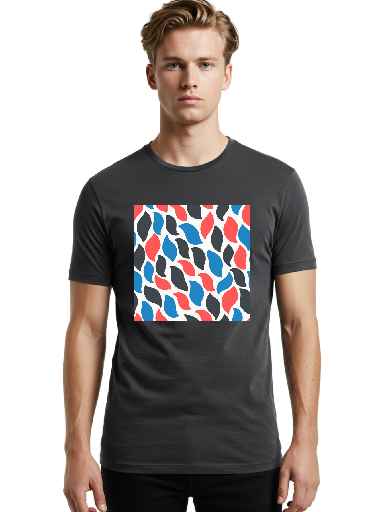 Colorful-Leaves-Pattern Men'S Graphic Tee, 100% Cotton, Comfortable Casual Summer Wear, Machine Washable, Multicolored Leaf Pattern, Red Blue Black Leaves, Abstract Design, Colorful Shapes, Leaf Motifs, Graphic Elements, Vibrant Hues, Aab681