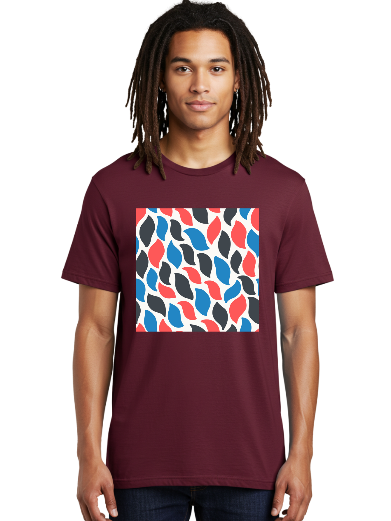 Colorful-Leaves-Pattern Men'S Graphic Tee, 100% Cotton, Comfortable Casual Summer Wear, Machine Washable, Multicolored Leaf Pattern, Red Blue Black Leaves, Abstract Design, Colorful Shapes, Leaf Motifs, Graphic Elements, Vibrant Hues, Aab681