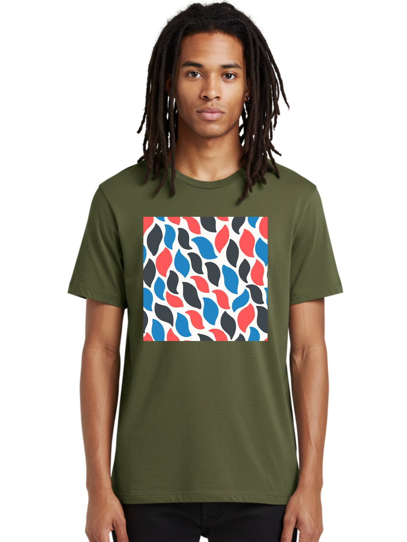Colorful-Leaves-Pattern Men'S Graphic Tee, 100% Cotton, Comfortable Casual Summer Wear, Machine Washable, Multicolored Leaf Pattern, Red Blue Black Leaves, Abstract Design, Colorful Shapes, Leaf Motifs, Graphic Elements, Vibrant Hues, Aab681
