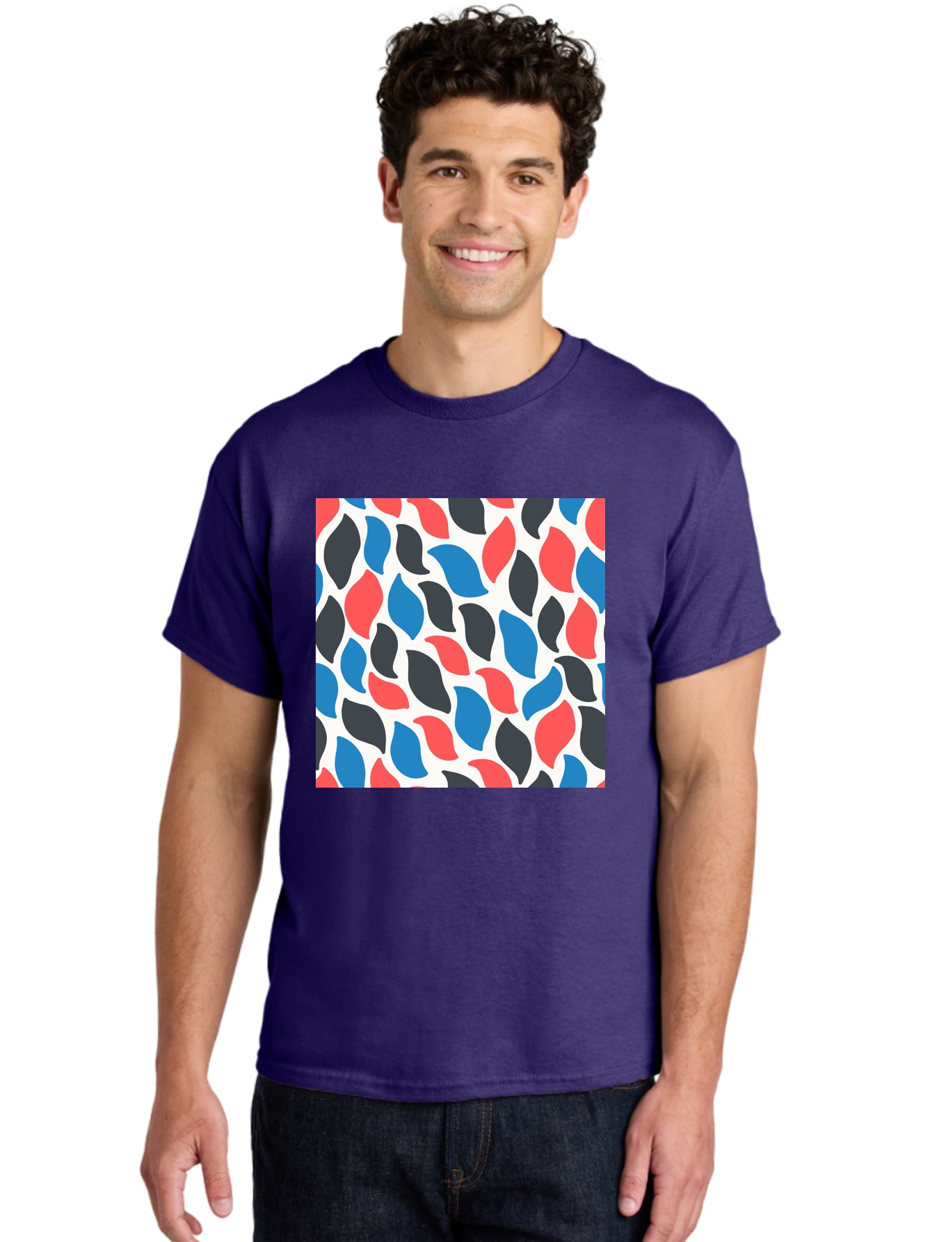Colorful-Leaves-Pattern Men'S Graphic Tee, 100% Cotton, Comfortable Casual Summer Wear, Machine Washable, Multicolored Leaf Pattern, Red Blue Black Leaves, Abstract Design, Colorful Shapes, Leaf Motifs, Graphic Elements, Vibrant Hues, Aab681