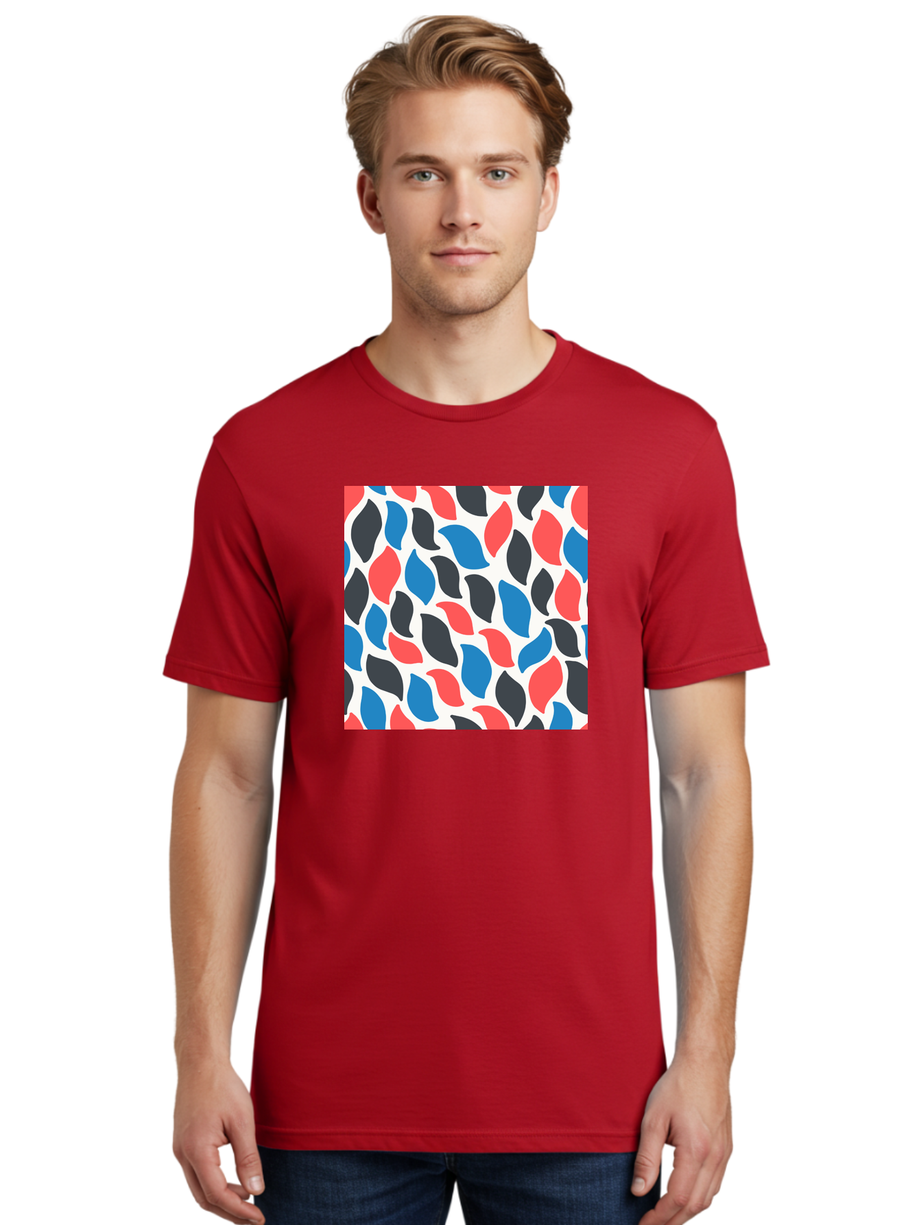 Colorful-Leaves-Pattern Men'S Graphic Tee, 100% Cotton, Comfortable Casual Summer Wear, Machine Washable, Multicolored Leaf Pattern, Red Blue Black Leaves, Abstract Design, Colorful Shapes, Leaf Motifs, Graphic Elements, Vibrant Hues, Aab681