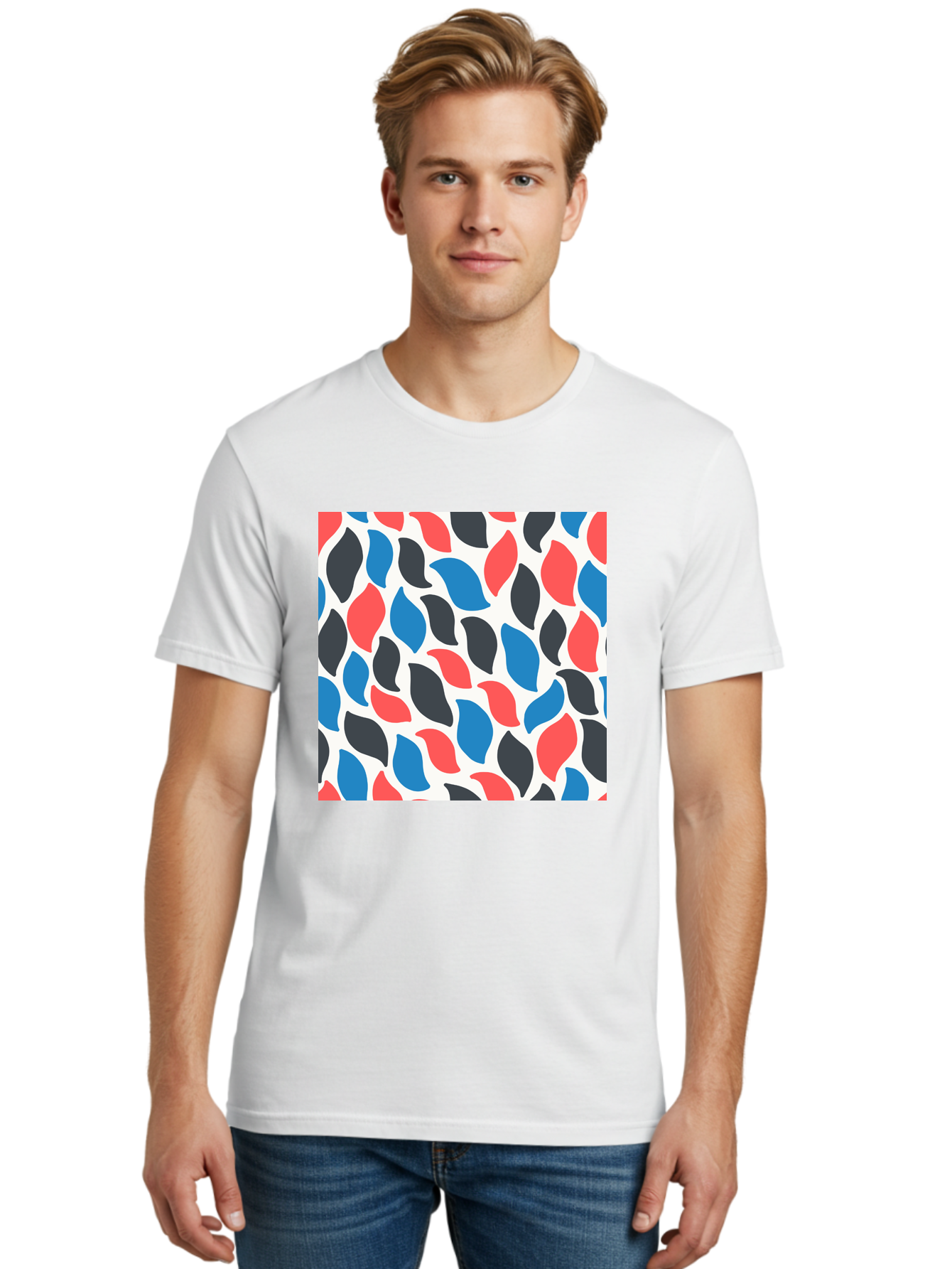 Colorful-Leaves-Pattern Men'S Graphic Tee, 100% Cotton, Comfortable Casual Summer Wear, Machine Washable, Multicolored Leaf Pattern, Red Blue Black Leaves, Abstract Design, Colorful Shapes, Leaf Motifs, Graphic Elements, Vibrant Hues, Aab681