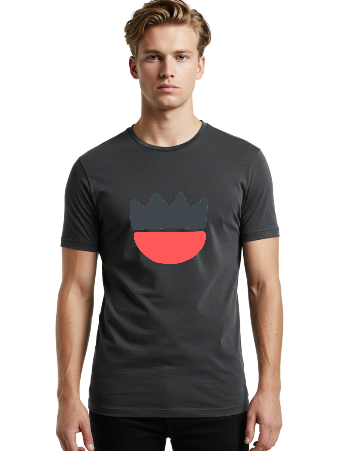 Crown-And-Smile Men'S Graphic Tee, 100% Cotton, Comfortable Casual Summer Wear, Machine Washable, Simple Crown Design, Red Smile, Minimalist Illustration, Monarch Symbol, Royal Emblem, Happy Face, Graphic Icon Aab682