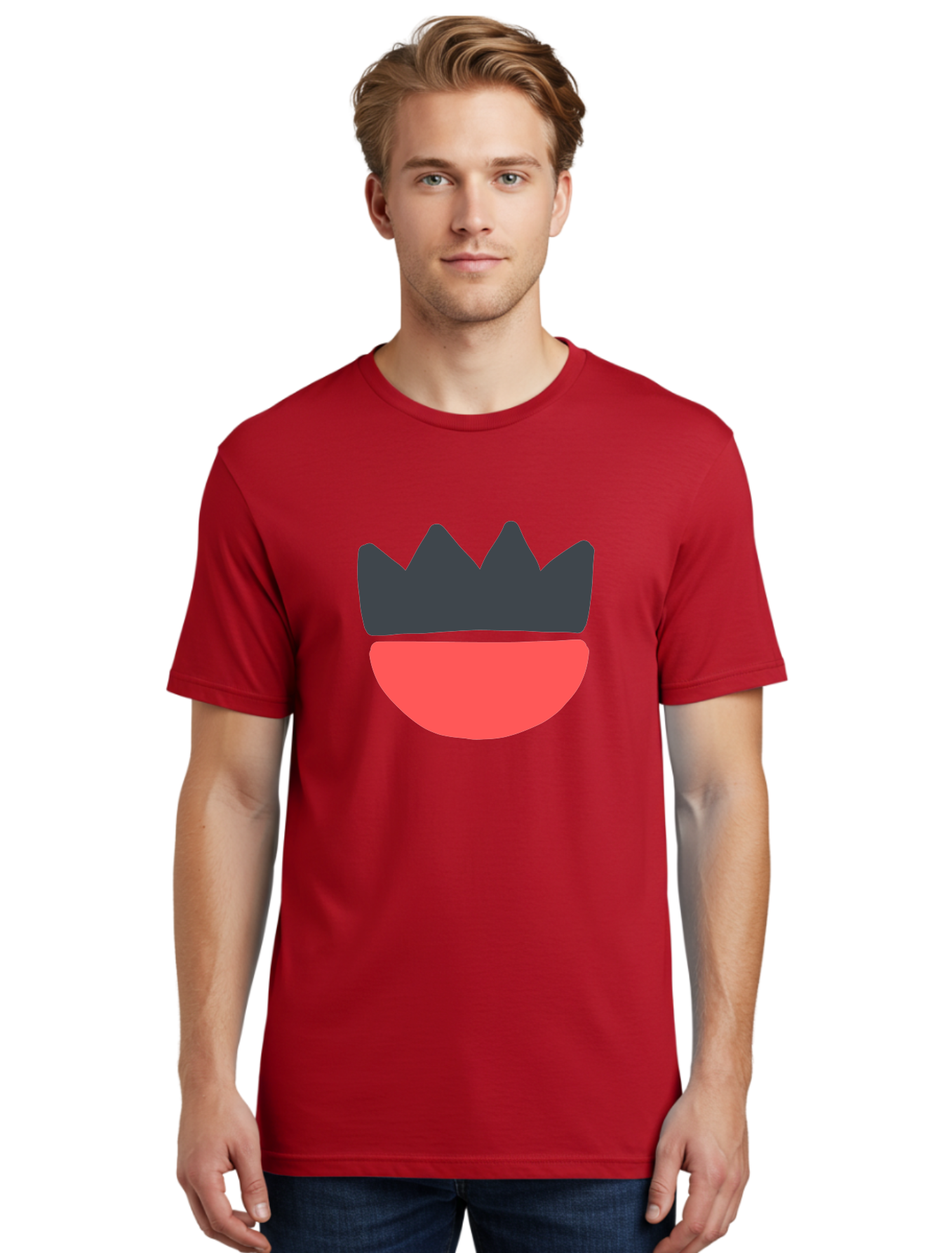 Crown-And-Smile Men'S Graphic Tee, 100% Cotton, Comfortable Casual Summer Wear, Machine Washable, Simple Crown Design, Red Smile, Minimalist Illustration, Monarch Symbol, Royal Emblem, Happy Face, Graphic Icon Aab682