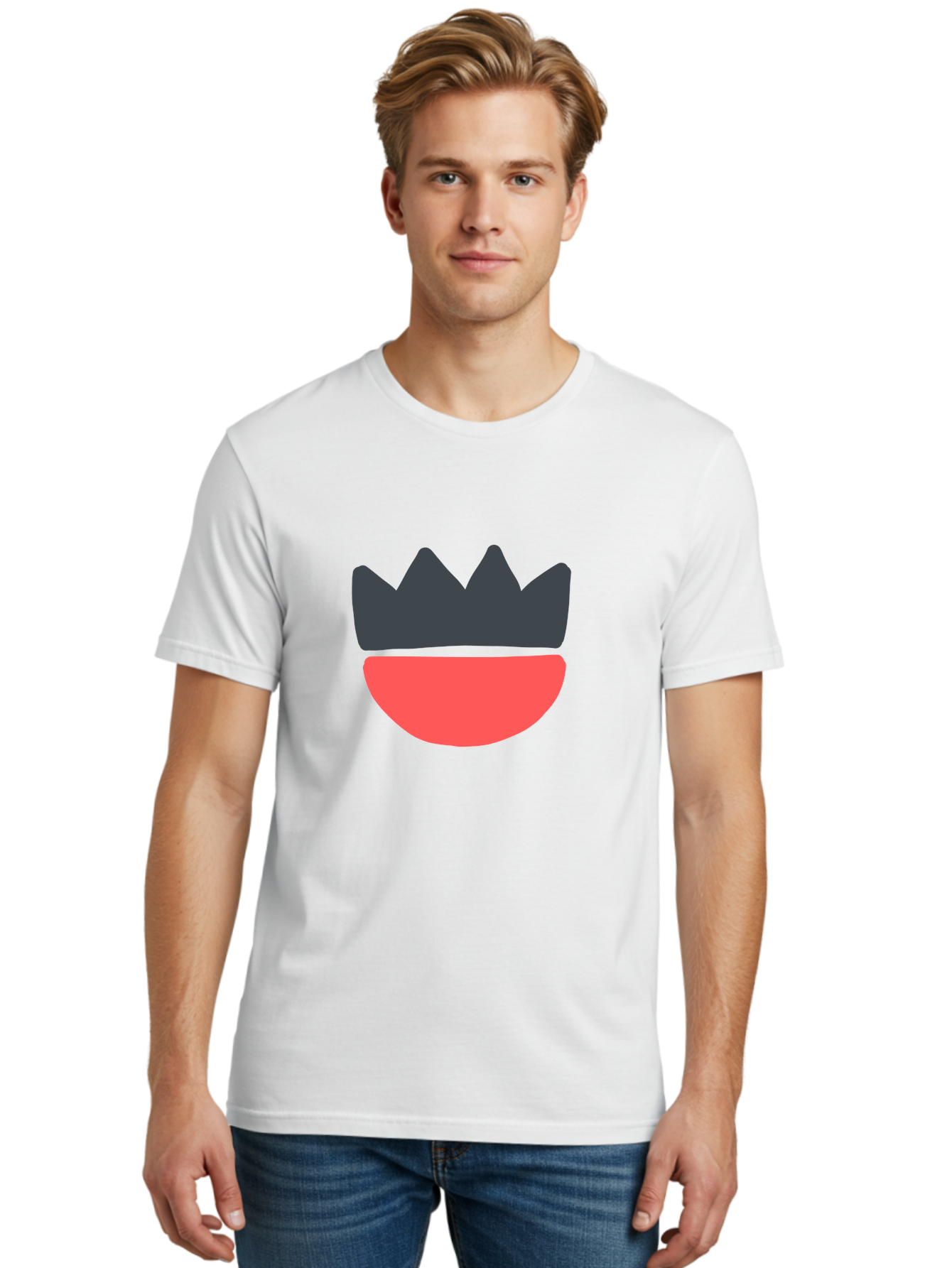 Crown-And-Smile Men'S Graphic Tee, 100% Cotton, Comfortable Casual Summer Wear, Machine Washable, Simple Crown Design, Red Smile, Minimalist Illustration, Monarch Symbol, Royal Emblem, Happy Face, Graphic Icon Aab682