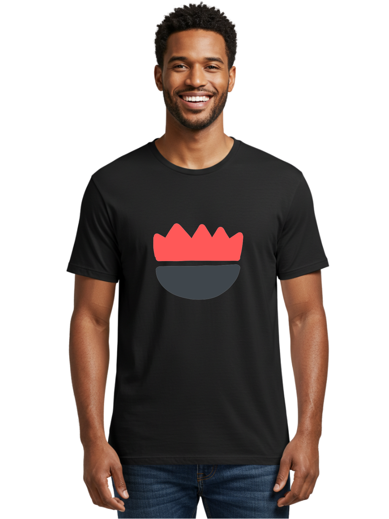 Crown-Smiley Men'S Graphic Tee, 100% Cotton, Comfortable Casual Summer Wear, Machine Washable, Coral Crown, Dark Grey Bowl, Minimalist Design, Simple Shapes, Modern Aesthetic, Bold Colors Aab684
