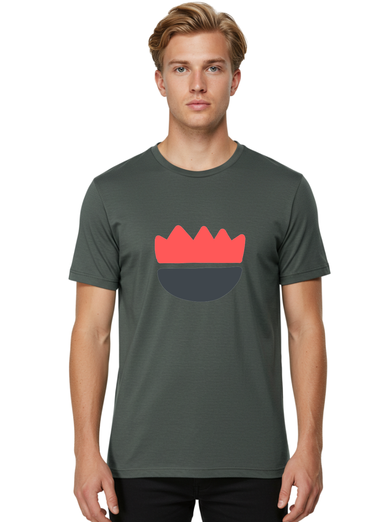 Crown-Smiley Men'S Graphic Tee, 100% Cotton, Comfortable Casual Summer Wear, Machine Washable, Coral Crown, Dark Grey Bowl, Minimalist Design, Simple Shapes, Modern Aesthetic, Bold Colors Aab684