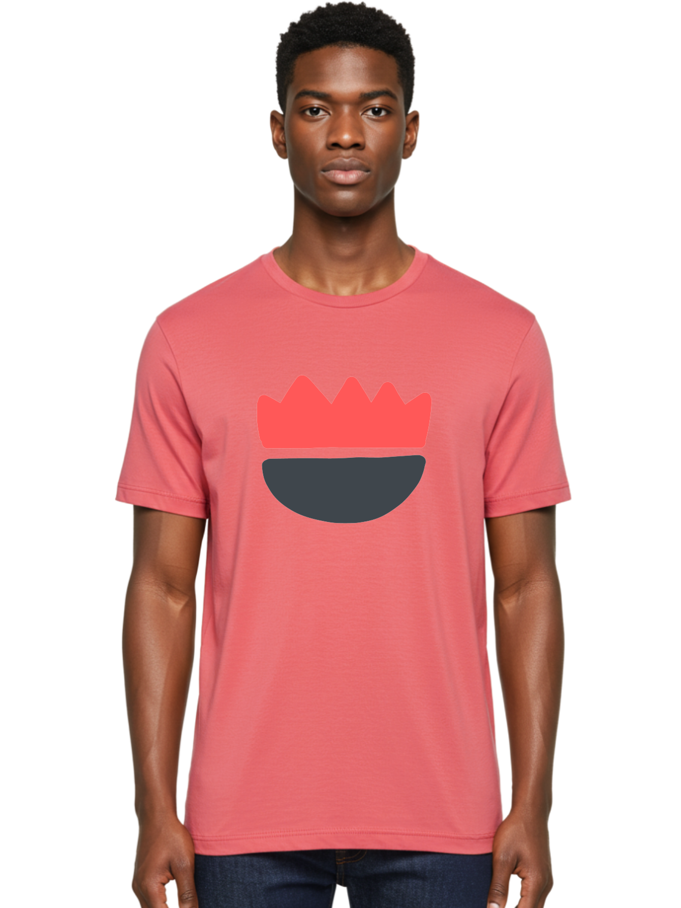 Crown-Smiley Men'S Graphic Tee, 100% Cotton, Comfortable Casual Summer Wear, Machine Washable, Coral Crown, Dark Grey Bowl, Minimalist Design, Simple Shapes, Modern Aesthetic, Bold Colors Aab684