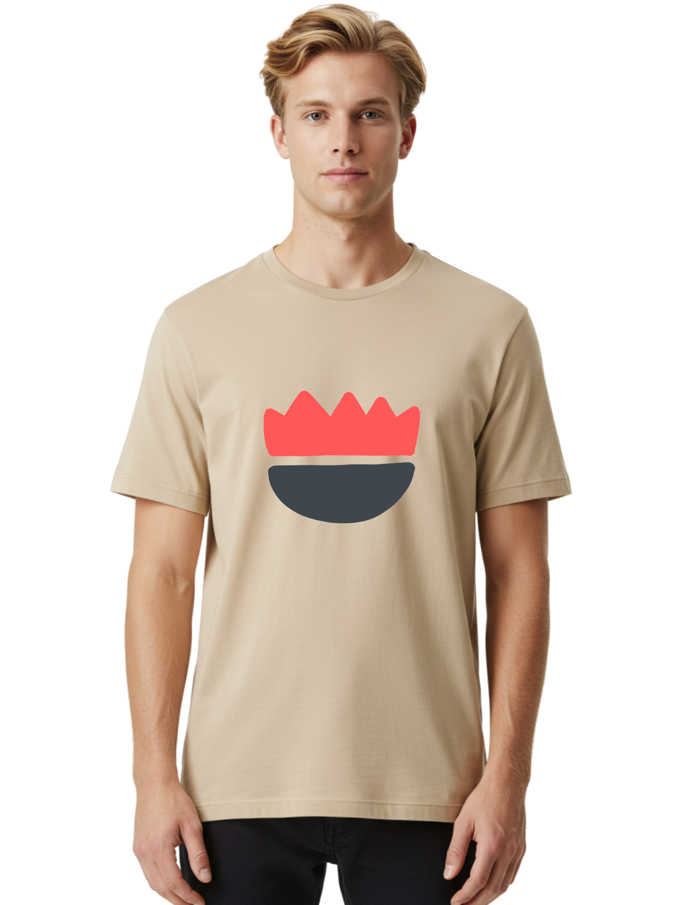 Crown-Smiley Men'S Graphic Tee, 100% Cotton, Comfortable Casual Summer Wear, Machine Washable, Coral Crown, Dark Grey Bowl, Minimalist Design, Simple Shapes, Modern Aesthetic, Bold Colors Aab684