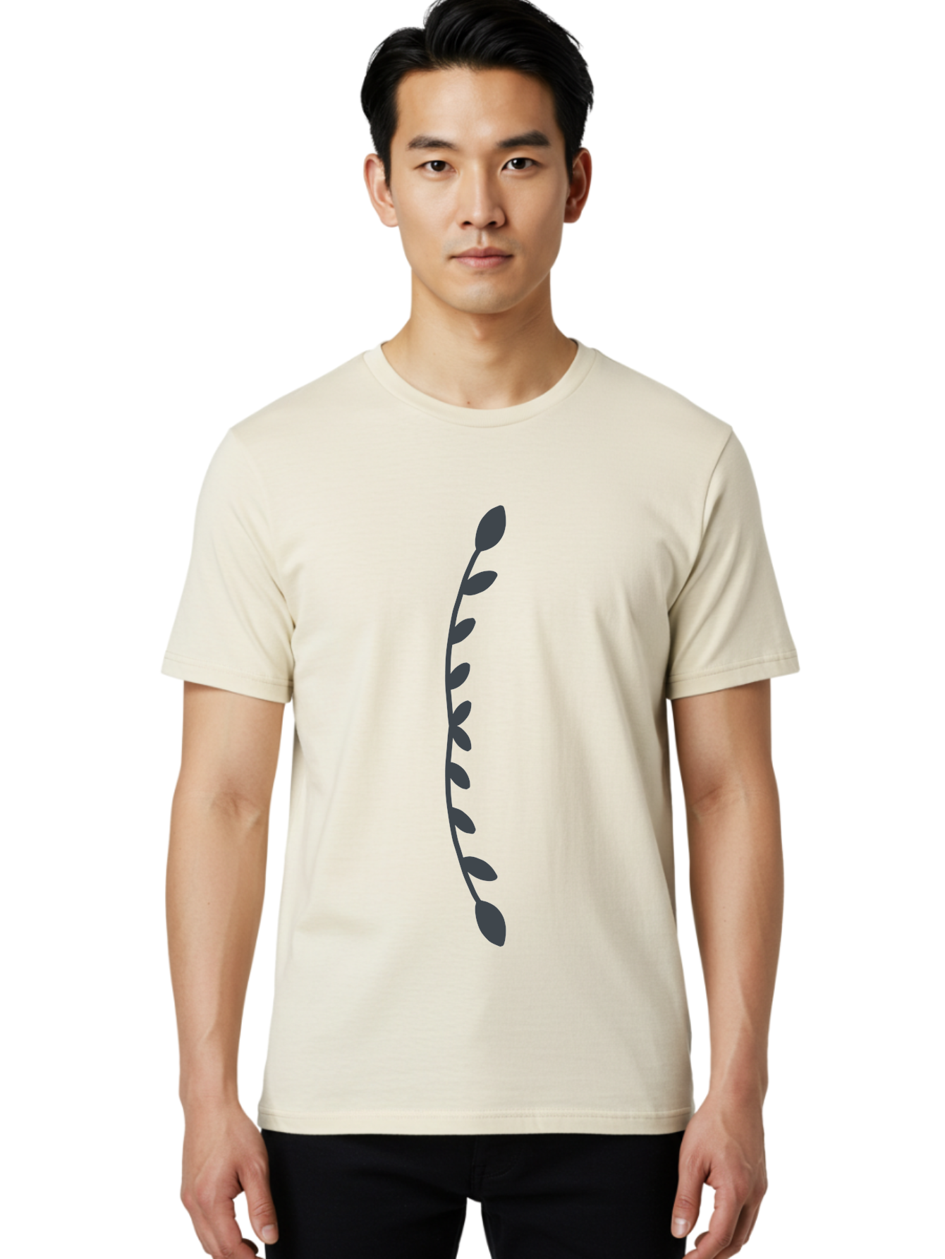 Curved-Dark-Grey-Stem-With-Leaves Men'S Graphic Tee, 100% Cotton, Comfortable Casual Summer Wear, Machine Washable, Curved Stem, Leaves, Botanical Illustration, Simple Design, Minimalist Art, Natural Elements, Plant Silhouette, Digital Art Aab685