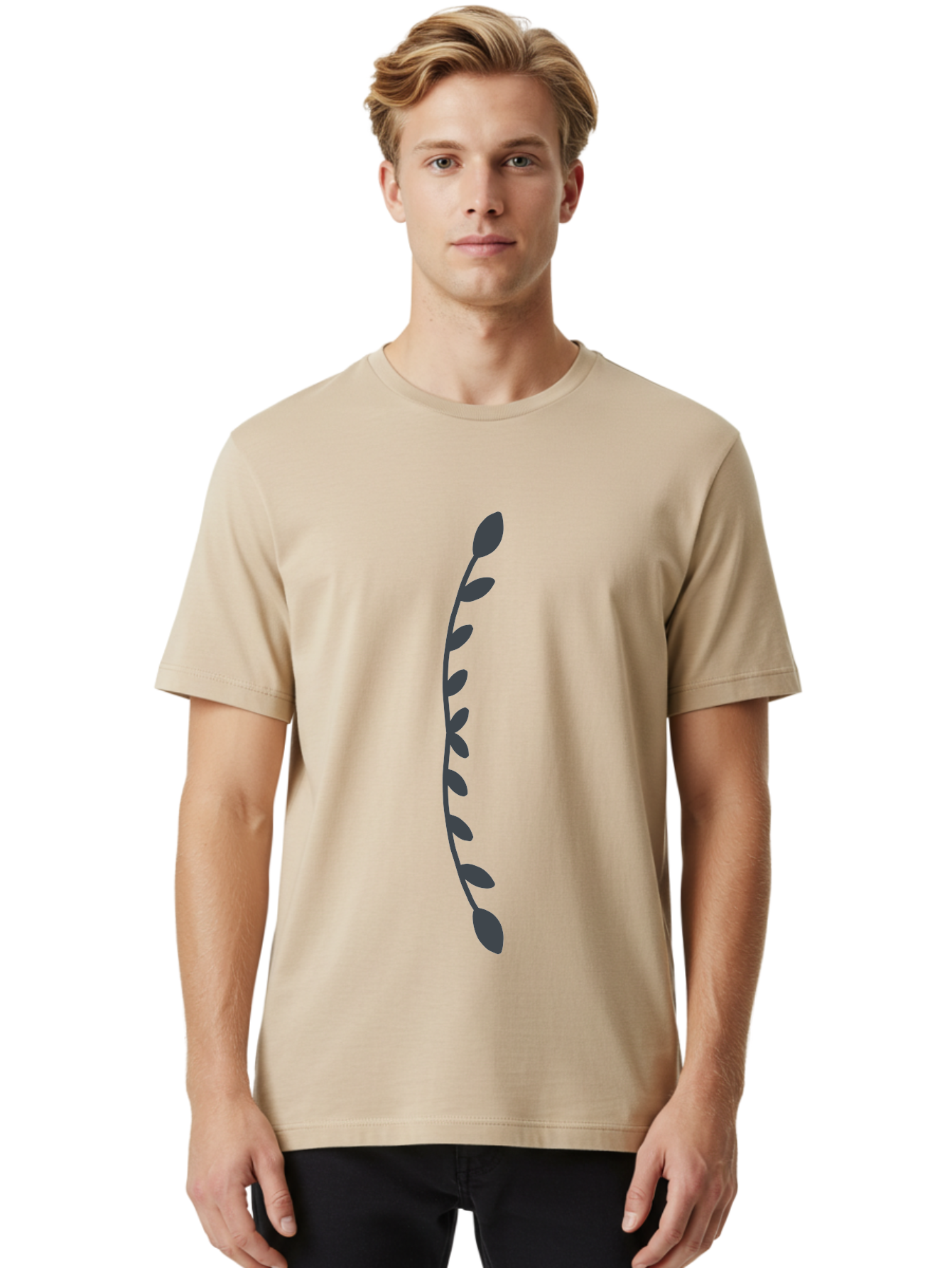 Curved-Dark-Grey-Stem-With-Leaves Men'S Graphic Tee, 100% Cotton, Comfortable Casual Summer Wear, Machine Washable, Curved Stem, Leaves, Botanical Illustration, Simple Design, Minimalist Art, Natural Elements, Plant Silhouette, Digital Art Aab685