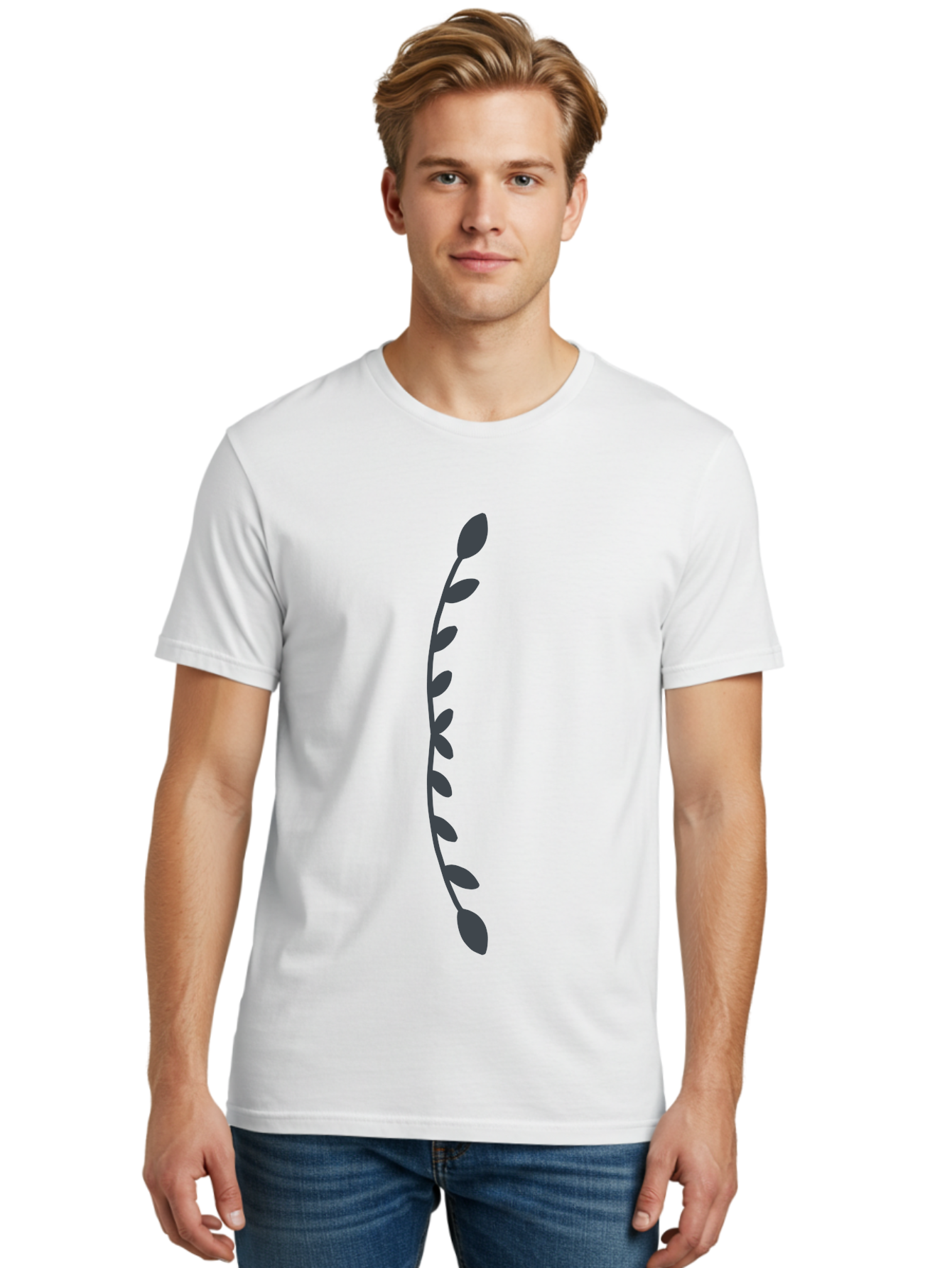Curved-Dark-Grey-Stem-With-Leaves Men'S Graphic Tee, 100% Cotton, Comfortable Casual Summer Wear, Machine Washable, Curved Stem, Leaves, Botanical Illustration, Simple Design, Minimalist Art, Natural Elements, Plant Silhouette, Digital Art Aab685