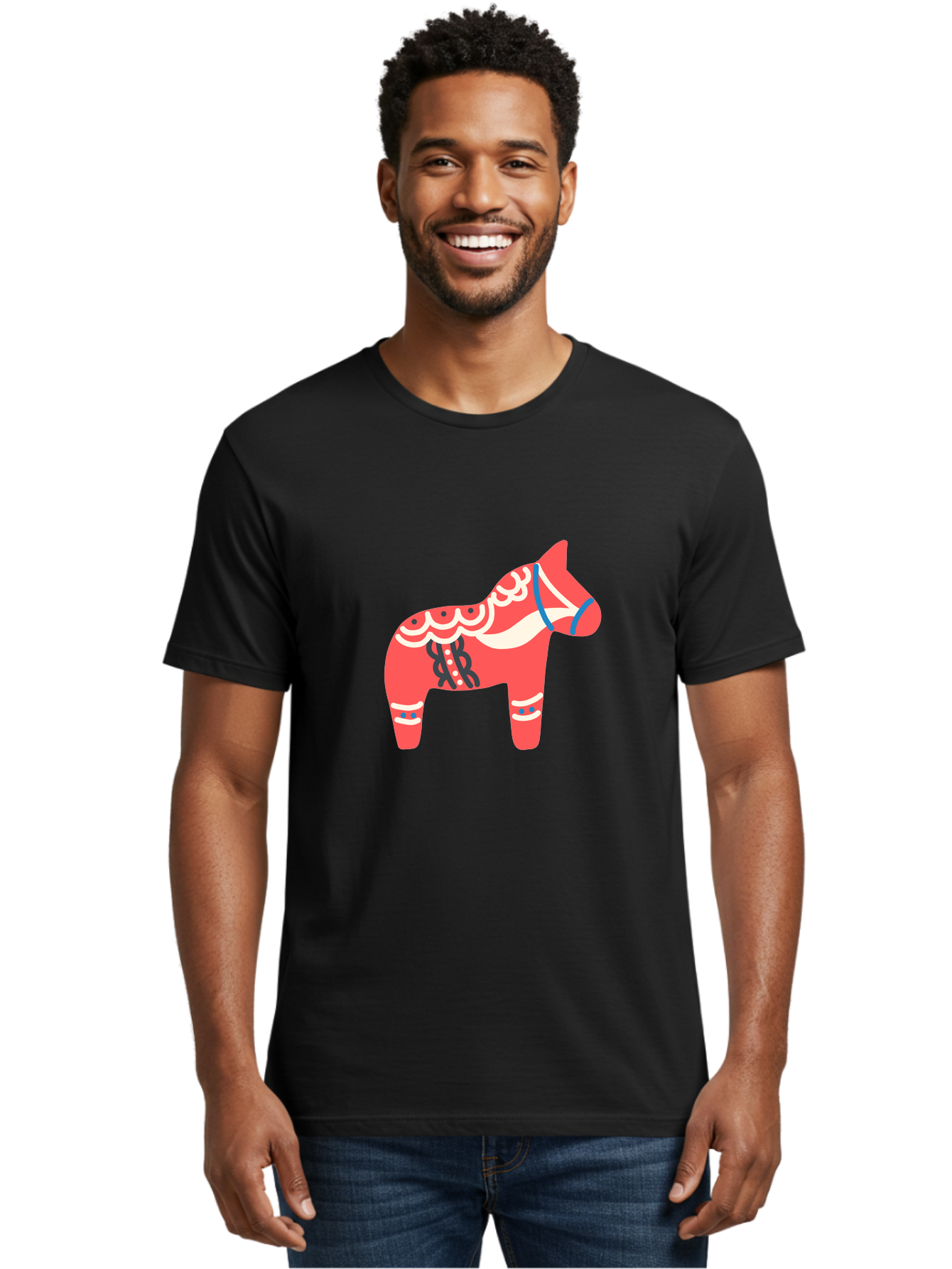 Dala-Horse-1 Men'S Graphic Tee, 100% Cotton, Comfortable Casual Summer Wear, Machine Washable, Traditional Swedish Dala Horse, Red Horse, White And Blue Accents, Folk Art Design, Cultural Heritage, Scandinavian Symbol, Wooden Horse, Aab686