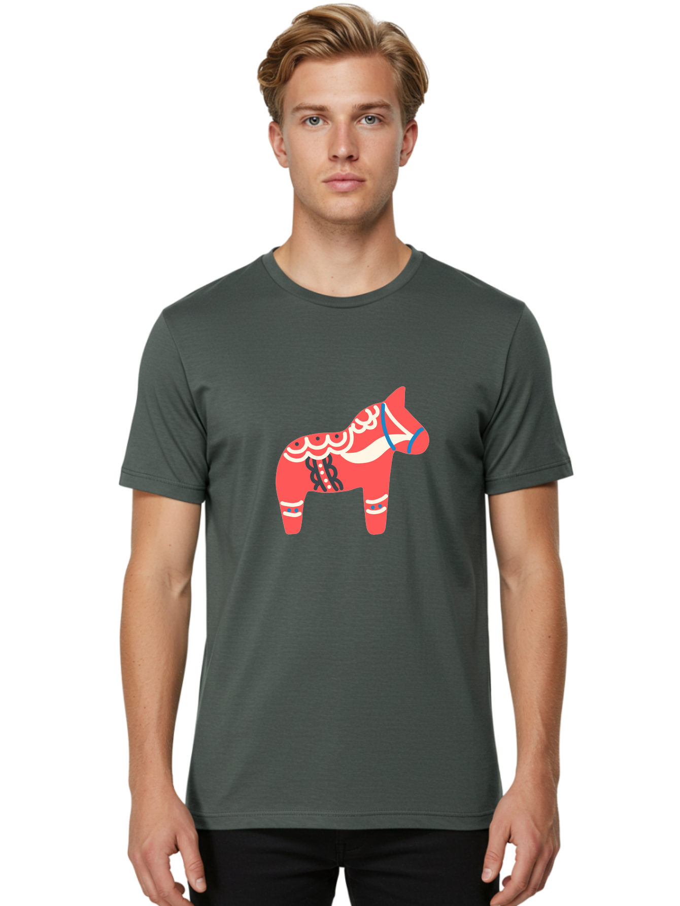 Dala-Horse-1 Men'S Graphic Tee, 100% Cotton, Comfortable Casual Summer Wear, Machine Washable, Traditional Swedish Dala Horse, Red Horse, White And Blue Accents, Folk Art Design, Cultural Heritage, Scandinavian Symbol, Wooden Horse, Aab686