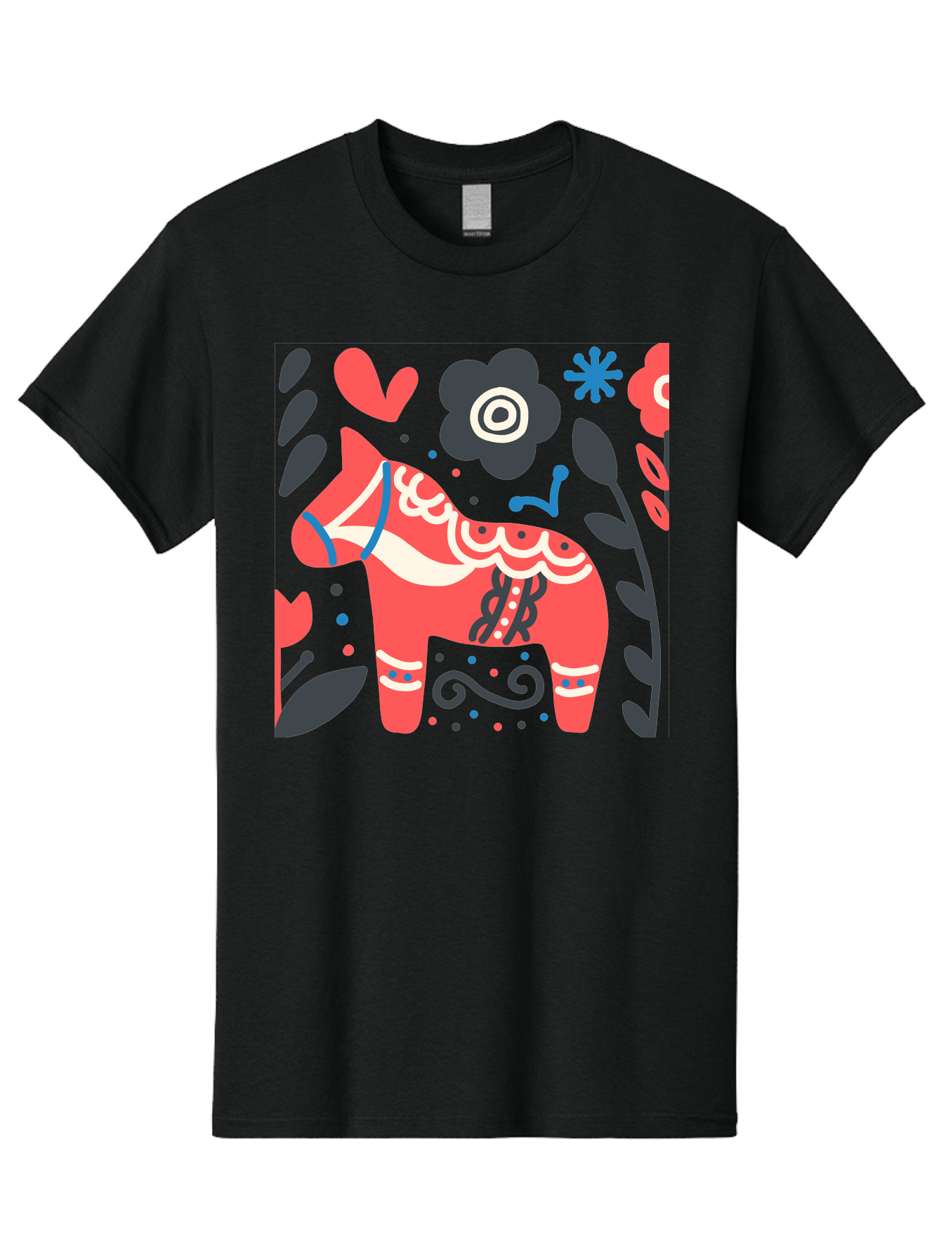 Dala-Horse Men'S Graphic Tee, 100% Cotton, Comfortable Casual Summer Wear, Machine Washable, Traditional Swedish Dala Horse, Folk Art, Floral Patterns, Vibrant Red, Whimsical Design, Decorative Elements, Festive Atmosphere, Cultural Heritage, Aab687