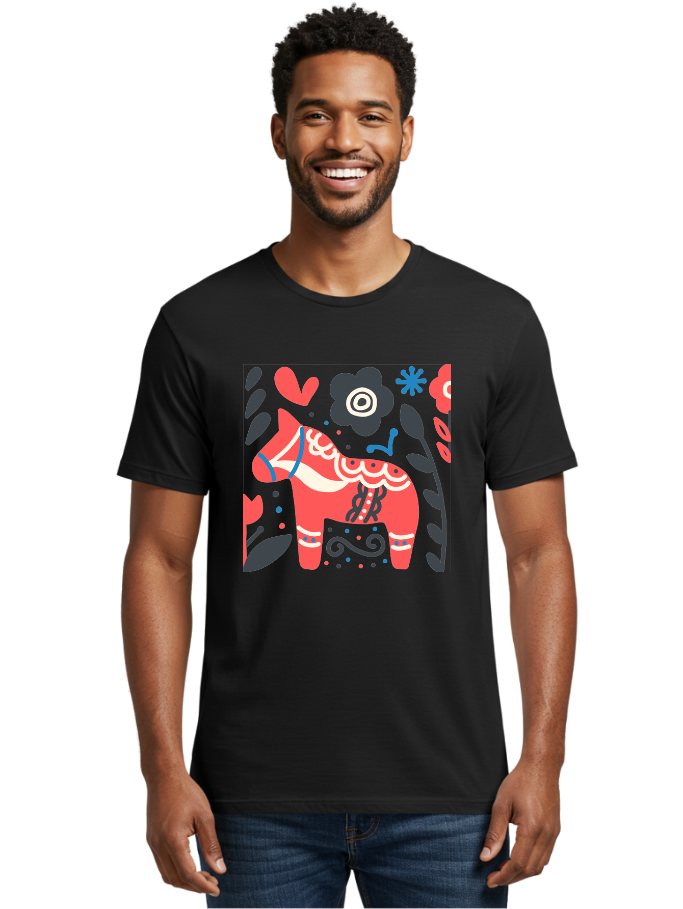 Dala-Horse Men'S Graphic Tee, 100% Cotton, Comfortable Casual Summer Wear, Machine Washable, Traditional Swedish Dala Horse, Folk Art, Floral Patterns, Vibrant Red, Whimsical Design, Decorative Elements, Festive Atmosphere, Cultural Heritage, Aab687