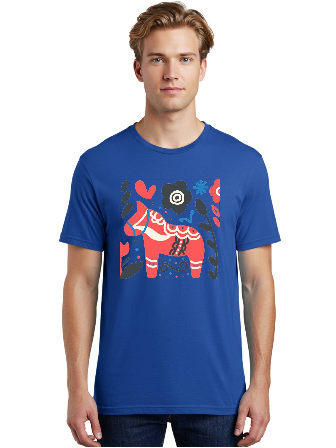 Dala-Horse Men'S Graphic Tee, 100% Cotton, Comfortable Casual Summer Wear, Machine Washable, Traditional Swedish Dala Horse, Folk Art, Floral Patterns, Vibrant Red, Whimsical Design, Decorative Elements, Festive Atmosphere, Cultural Heritage, Aab687