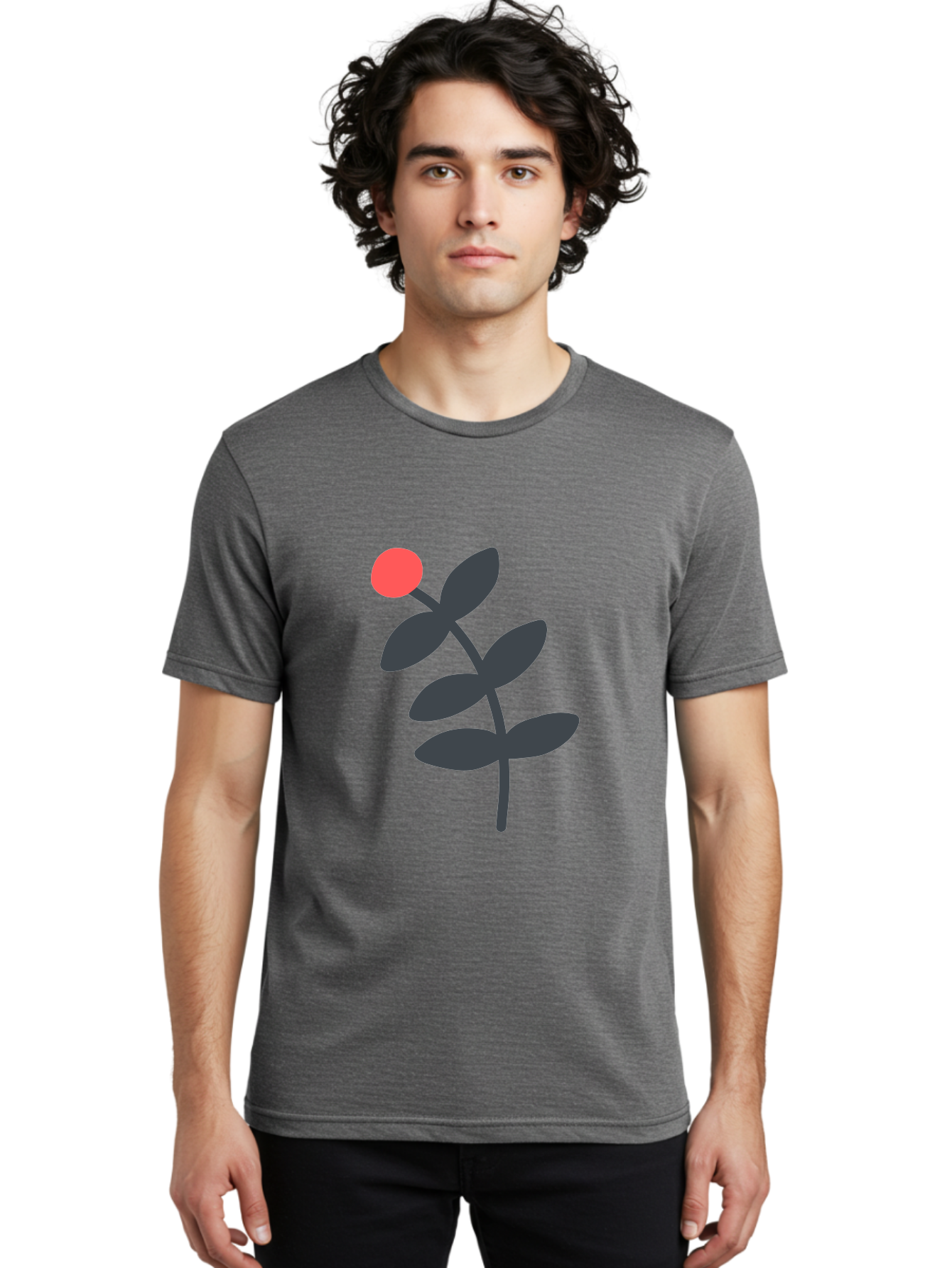 Dark-Purple-Leaves-With-Red-Berry Men'S Graphic Tee, 100% Cotton, Comfortable Casual Summer Wear, Machine Washable, Red Berry, Dark Leaves, Simple Graphic, Minimalist Design, Floral Illustration, Botanical Art, Modern Style, Bold Colors Aab689