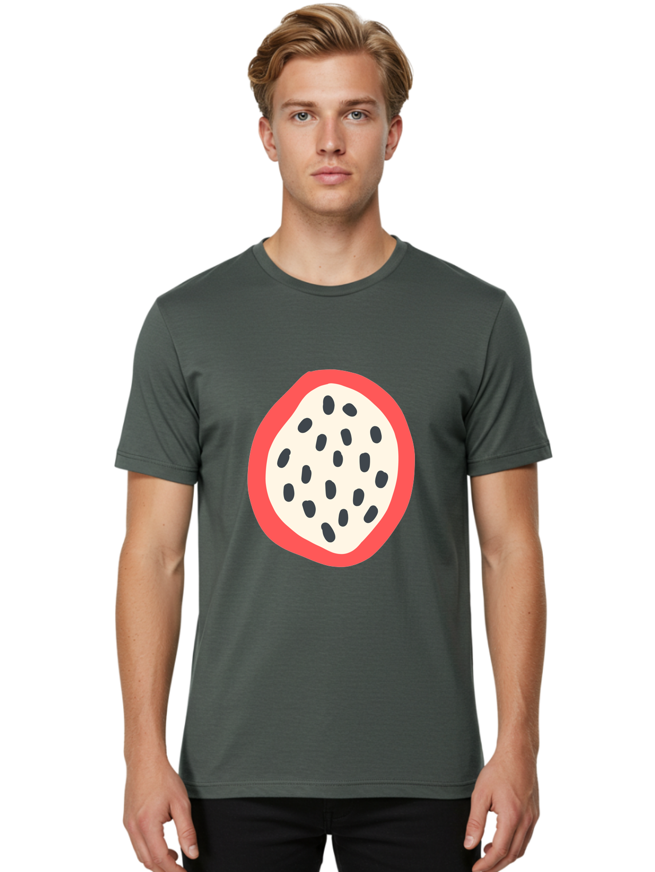 Dragon-Fruit-2 Men'S Graphic Tee, 100% Cotton, Comfortable Casual Summer Wear, Machine Washable, Dragon Fruit Illustration, White And Red Fruit, Black Seeds, Healthy Eating, Exotic Fruit, Tropical Vibes, Digital Art Aab693