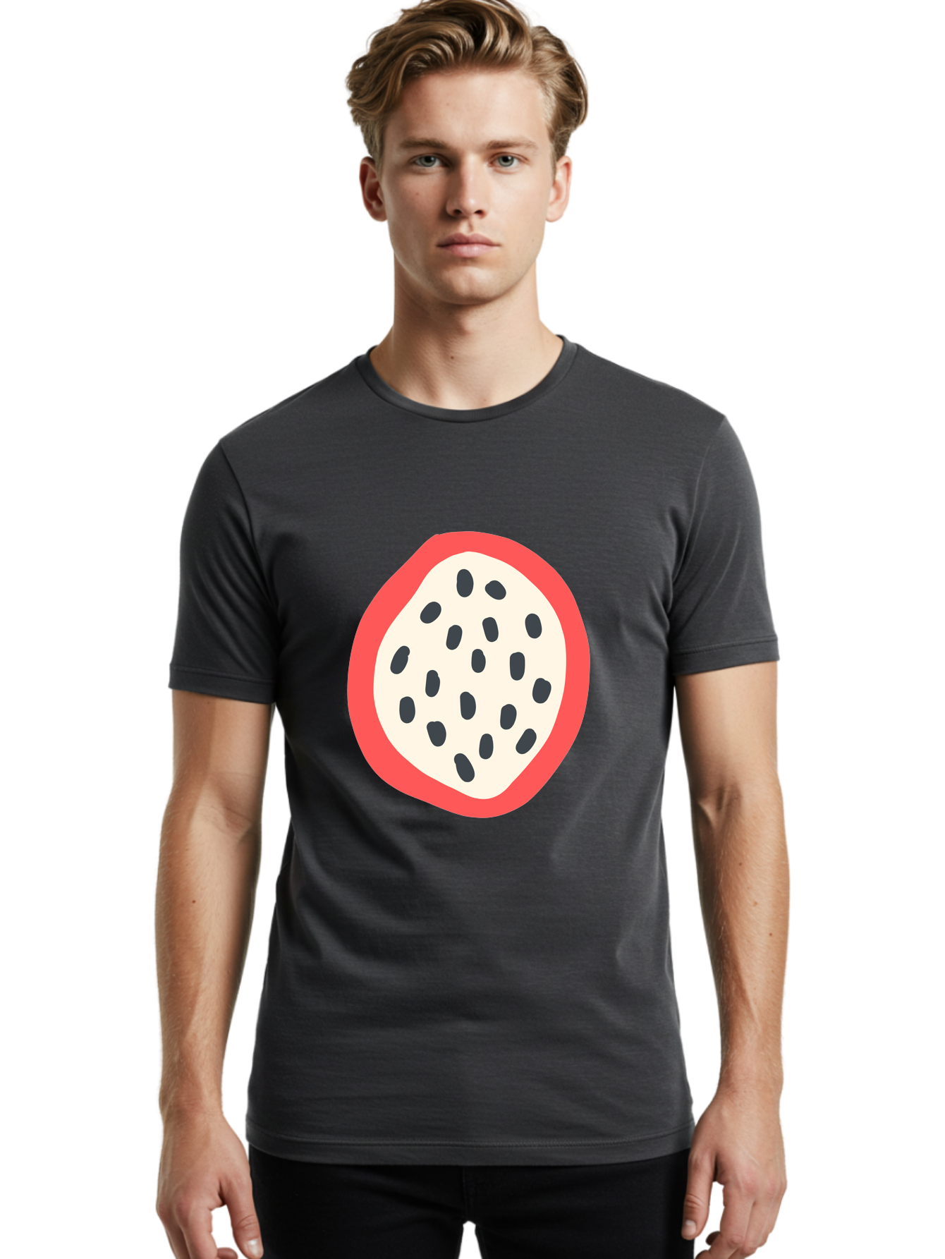Dragon-Fruit-2 Men'S Graphic Tee, 100% Cotton, Comfortable Casual Summer Wear, Machine Washable, Dragon Fruit Illustration, White And Red Fruit, Black Seeds, Healthy Eating, Exotic Fruit, Tropical Vibes, Digital Art Aab693