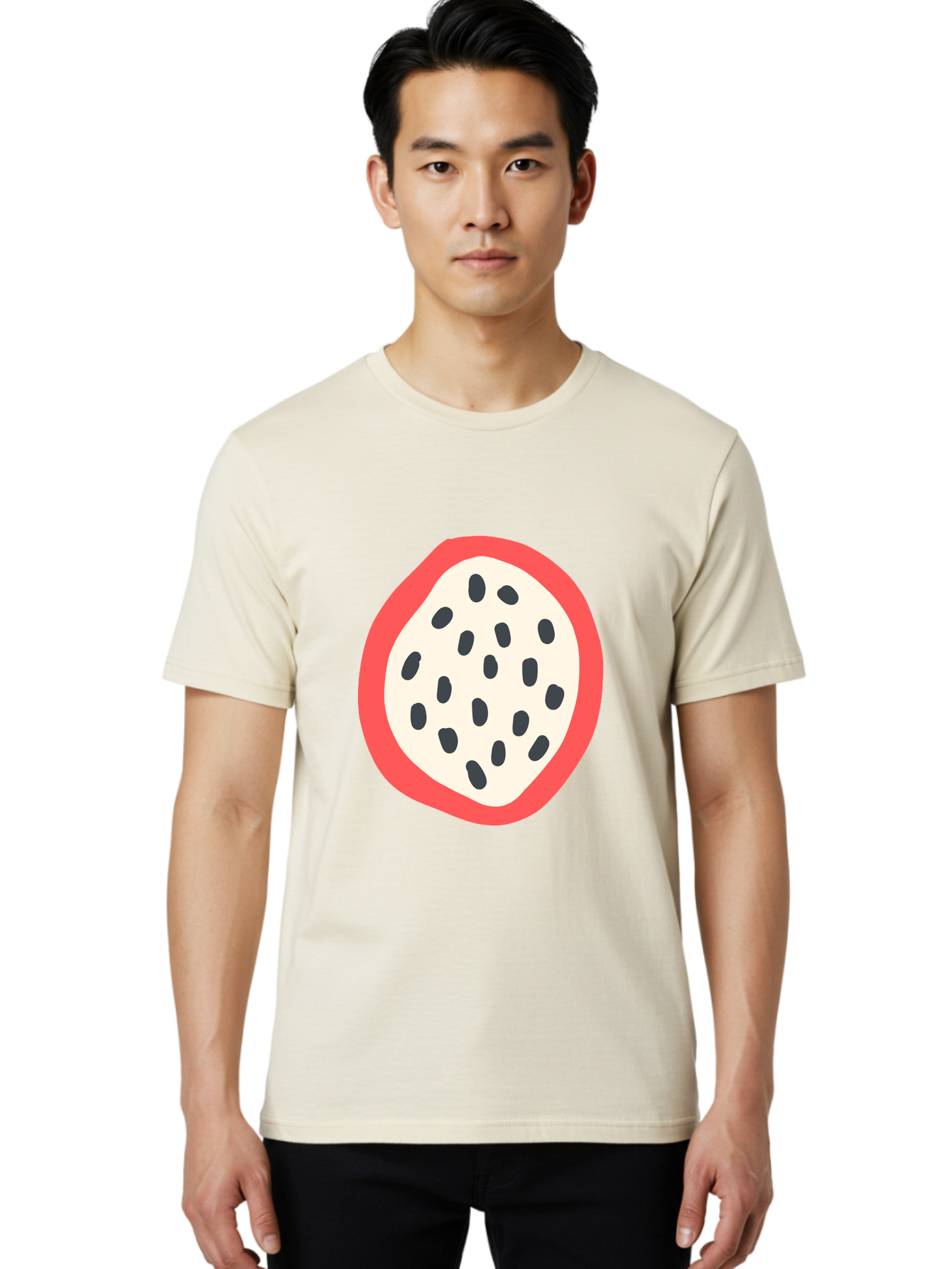 Dragon-Fruit-2 Men'S Graphic Tee, 100% Cotton, Comfortable Casual Summer Wear, Machine Washable, Dragon Fruit Illustration, White And Red Fruit, Black Seeds, Healthy Eating, Exotic Fruit, Tropical Vibes, Digital Art Aab693