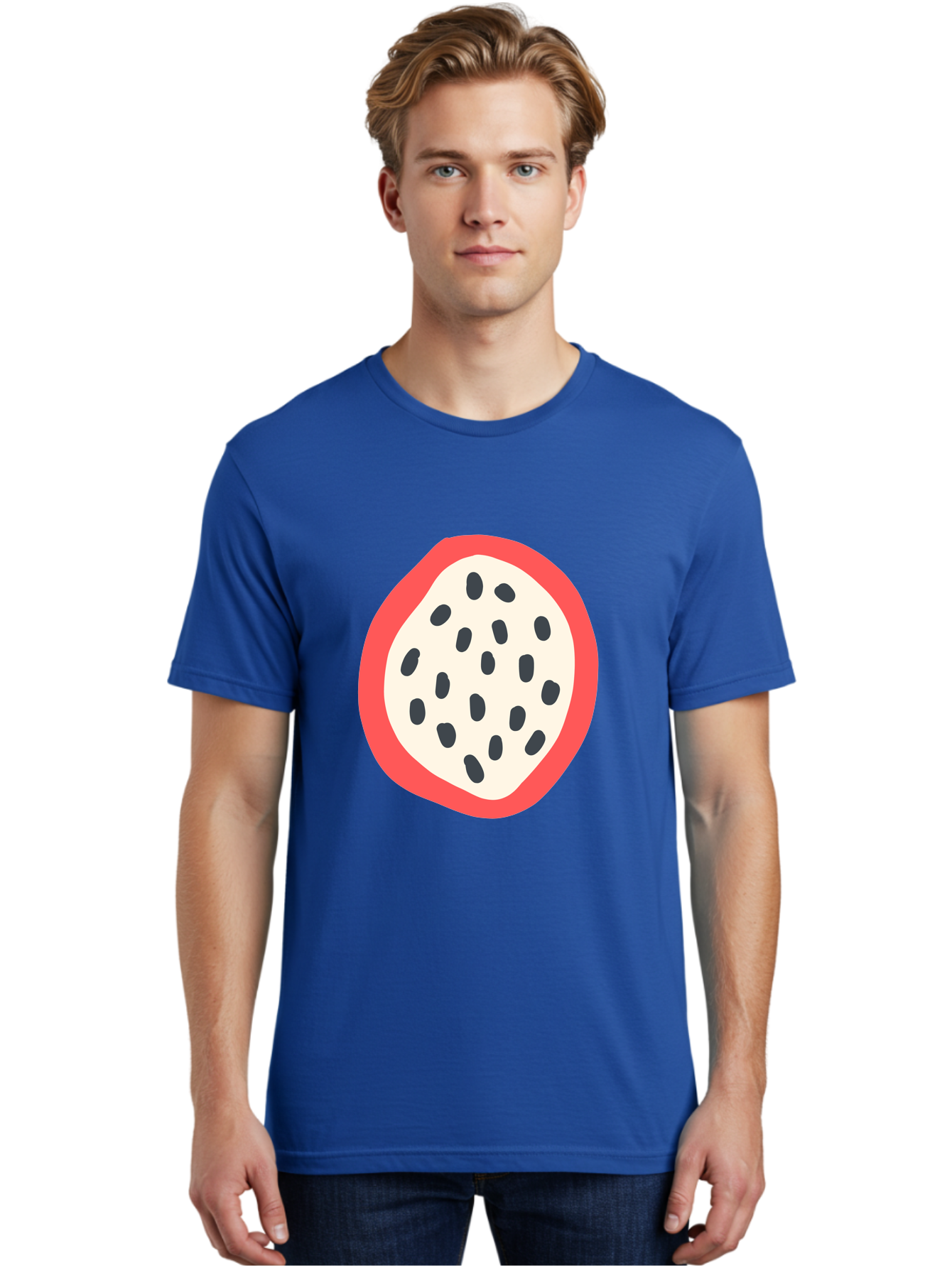 Dragon-Fruit-2 Men'S Graphic Tee, 100% Cotton, Comfortable Casual Summer Wear, Machine Washable, Dragon Fruit Illustration, White And Red Fruit, Black Seeds, Healthy Eating, Exotic Fruit, Tropical Vibes, Digital Art Aab693