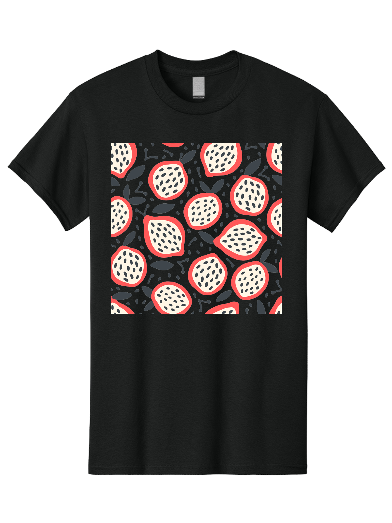 Dragon-Fruit-Pattern Men'S Graphic Tee, 100% Cotton, Comfortable Casual Summer Wear, Machine Washable, Dragon Fruit, Exotic Fruit, Tropical Pattern, Sliced Fruit, Black Seeds, Leaves, Pink Skin, White Flesh, Fruit Design, Seamless Pattern, Aab694