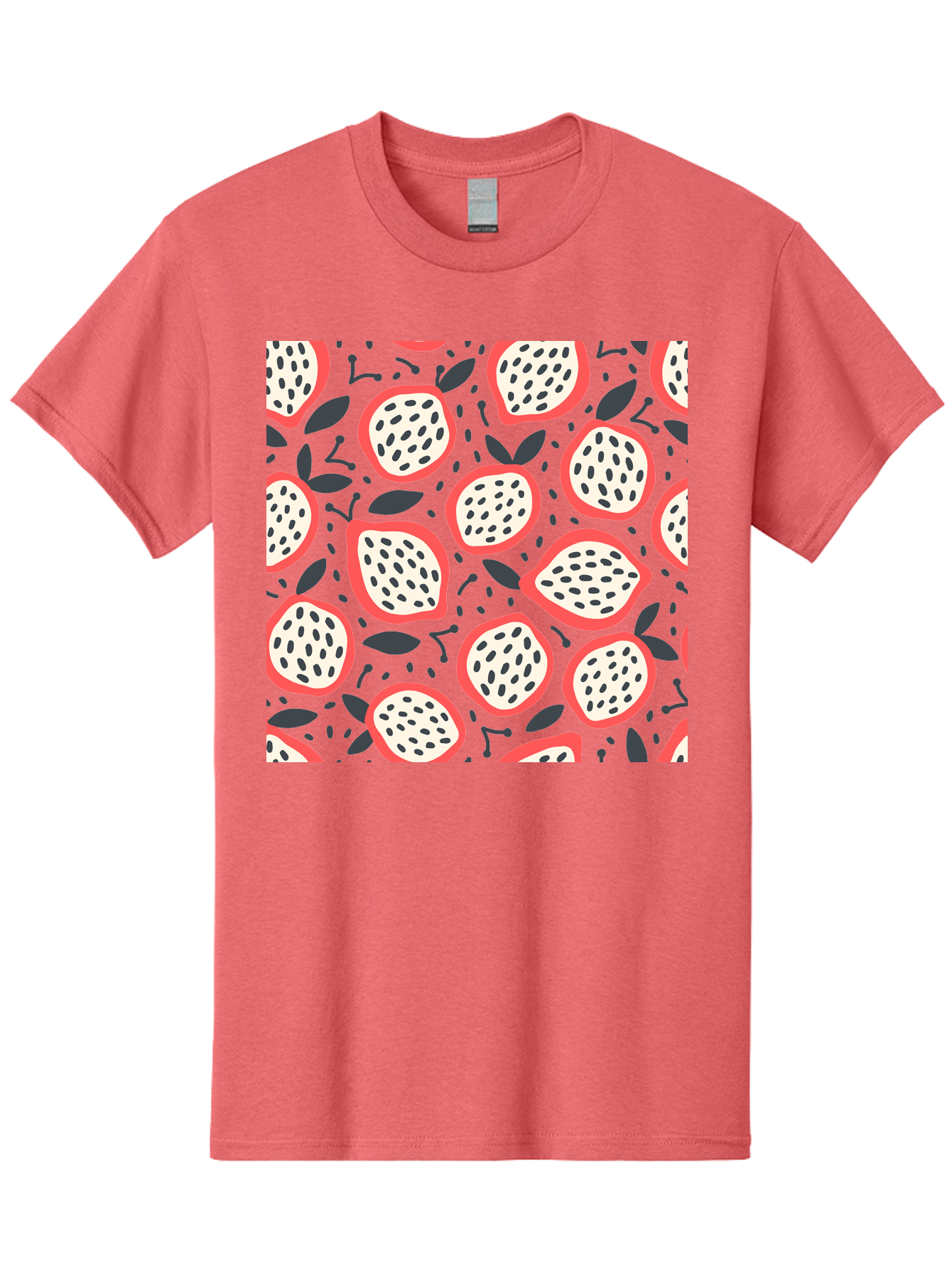 Dragon-Fruit-Pattern Men'S Graphic Tee, 100% Cotton, Comfortable Casual Summer Wear, Machine Washable, Dragon Fruit, Exotic Fruit, Tropical Pattern, Sliced Fruit, Black Seeds, Leaves, Pink Skin, White Flesh, Fruit Design, Seamless Pattern, Aab694