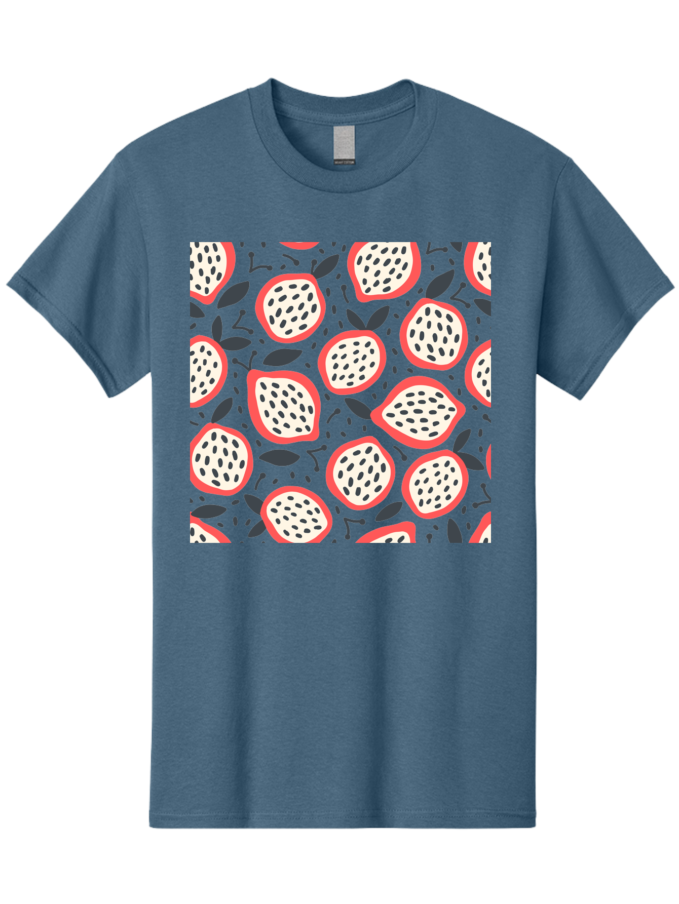 Dragon-Fruit-Pattern Men'S Graphic Tee, 100% Cotton, Comfortable Casual Summer Wear, Machine Washable, Dragon Fruit, Exotic Fruit, Tropical Pattern, Sliced Fruit, Black Seeds, Leaves, Pink Skin, White Flesh, Fruit Design, Seamless Pattern, Aab694