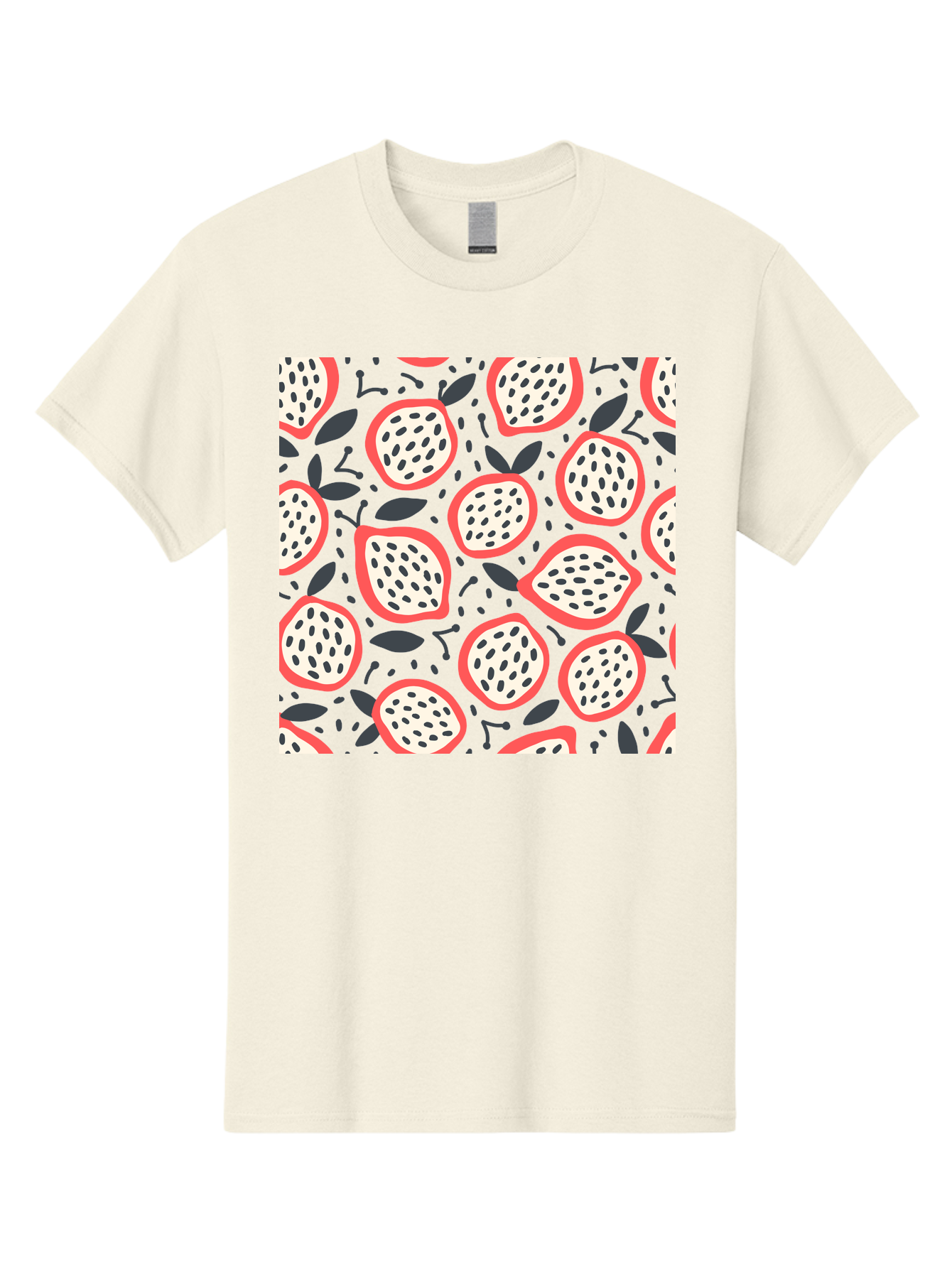 Dragon-Fruit-Pattern Men'S Graphic Tee, 100% Cotton, Comfortable Casual Summer Wear, Machine Washable, Dragon Fruit, Exotic Fruit, Tropical Pattern, Sliced Fruit, Black Seeds, Leaves, Pink Skin, White Flesh, Fruit Design, Seamless Pattern, Aab694