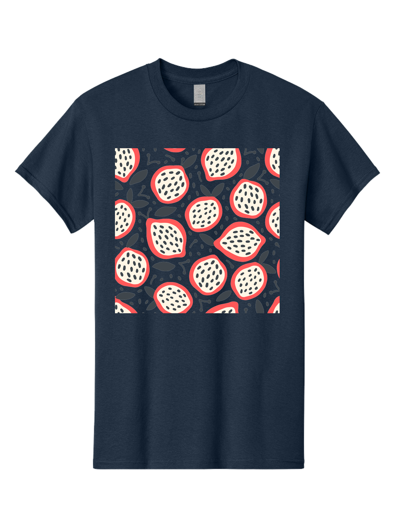 Dragon-Fruit-Pattern Men'S Graphic Tee, 100% Cotton, Comfortable Casual Summer Wear, Machine Washable, Dragon Fruit, Exotic Fruit, Tropical Pattern, Sliced Fruit, Black Seeds, Leaves, Pink Skin, White Flesh, Fruit Design, Seamless Pattern, Aab694