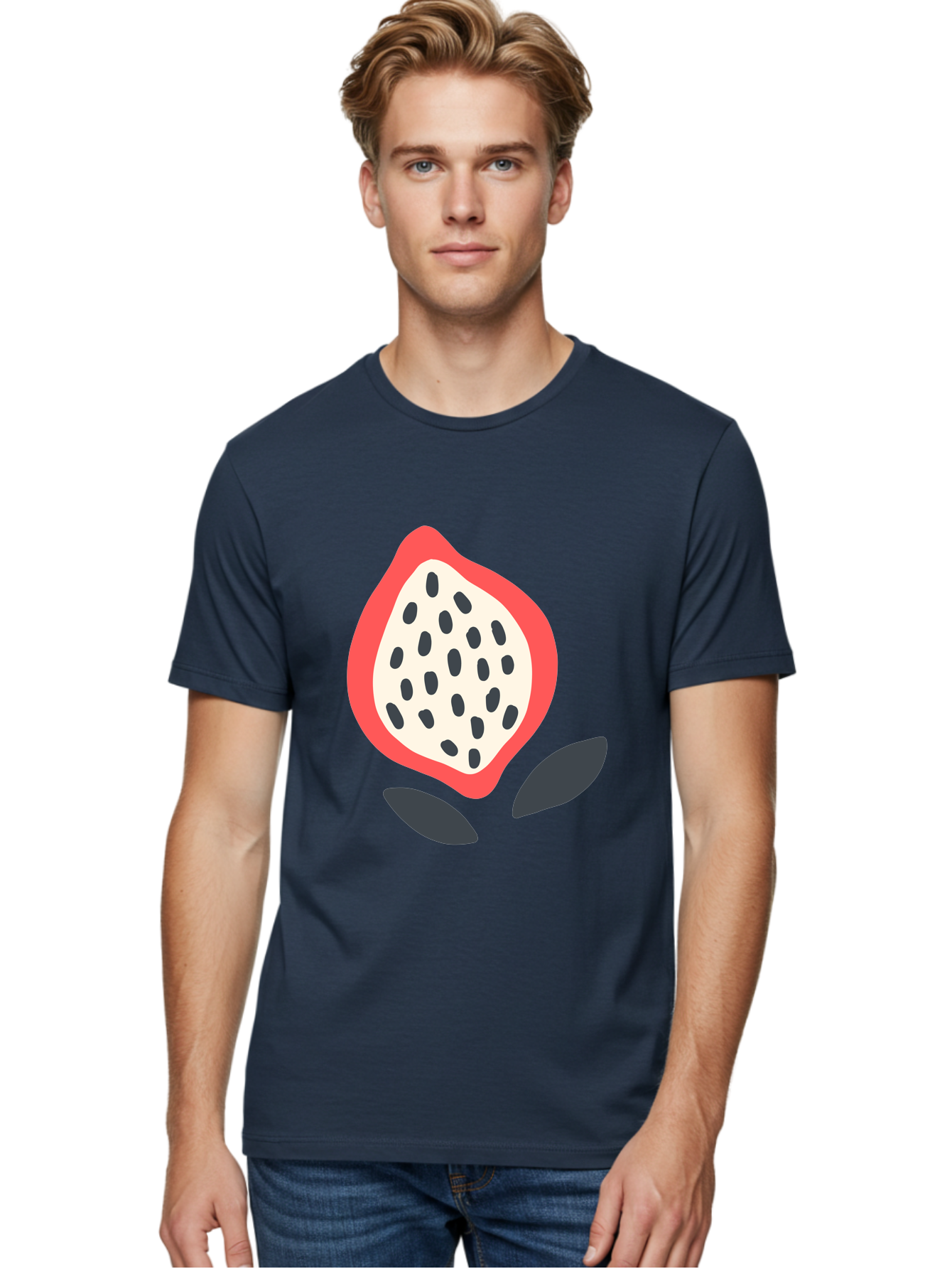 Dragon-Fruit Men'S Graphic Tee, 100% Cotton, Comfortable Casual Summer Wear, Machine Washable, Dragon Fruit, Exotic Fruit, Pink Skin, Black Seeds, White Pulp, Tropical Flavors, Healthy Eating, Fruit Illustration, Minimalist Art, Sweet Treat Aab695
