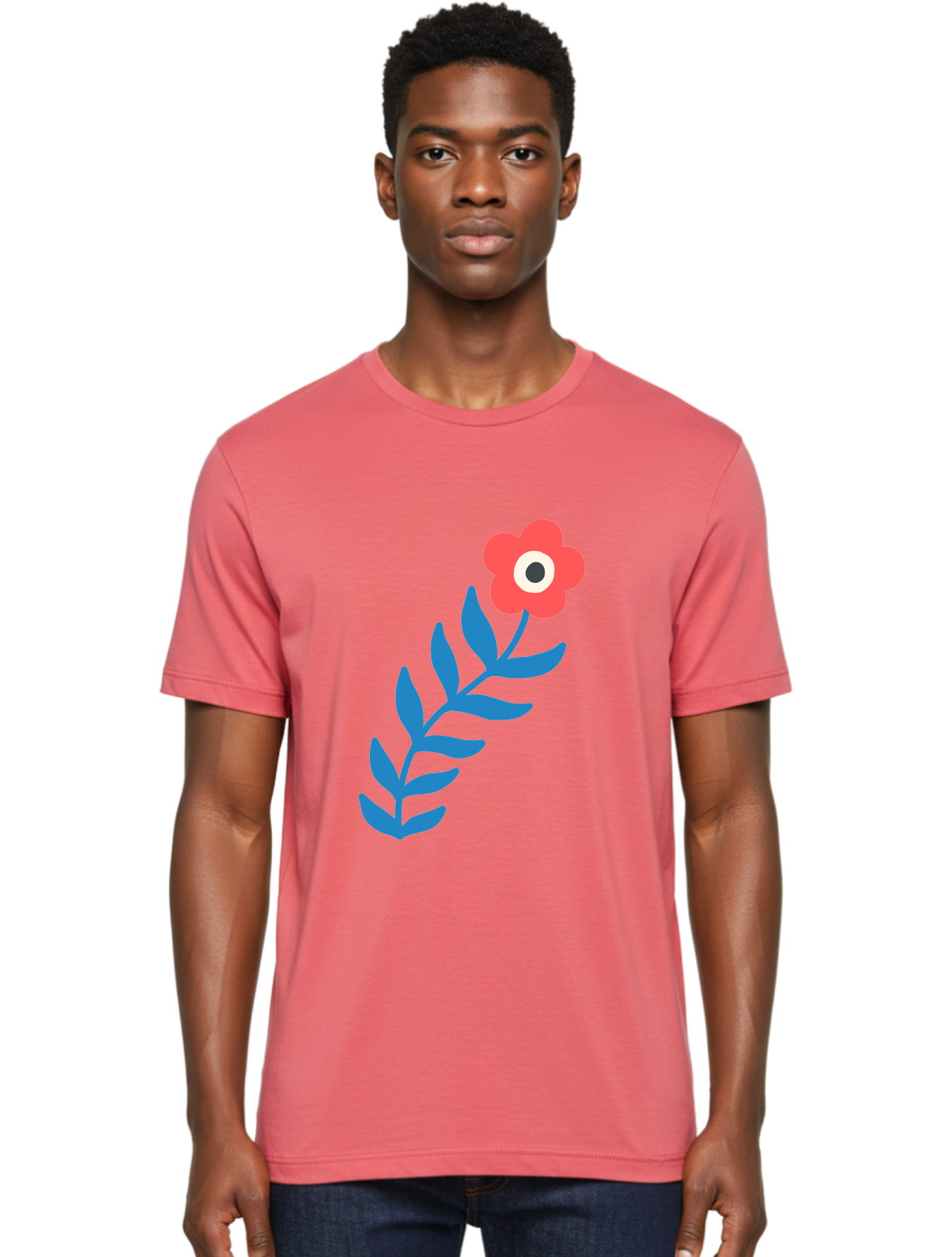 Evil-Eye-Flower Men'S Graphic Tee, 100% Cotton, Comfortable Casual Summer Wear, Machine Washable, Red Flower With White And Black Center, Blue Leaves, Abstract Floral Design, Modern Art, Stylized Bloom, Simple Shapes, Minimalist Illustration Aab697
