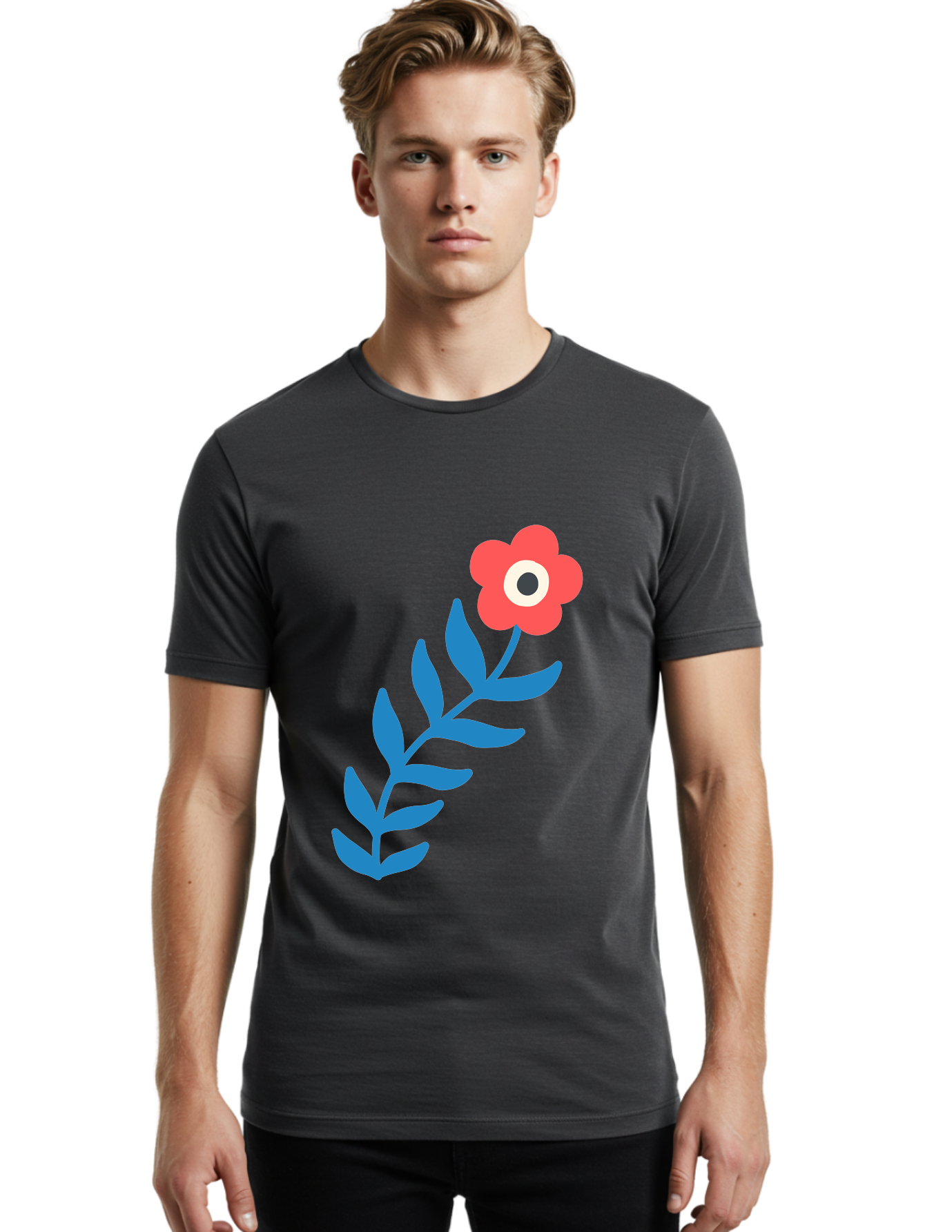 Evil-Eye-Flower Men'S Graphic Tee, 100% Cotton, Comfortable Casual Summer Wear, Machine Washable, Red Flower With White And Black Center, Blue Leaves, Abstract Floral Design, Modern Art, Stylized Bloom, Simple Shapes, Minimalist Illustration Aab697