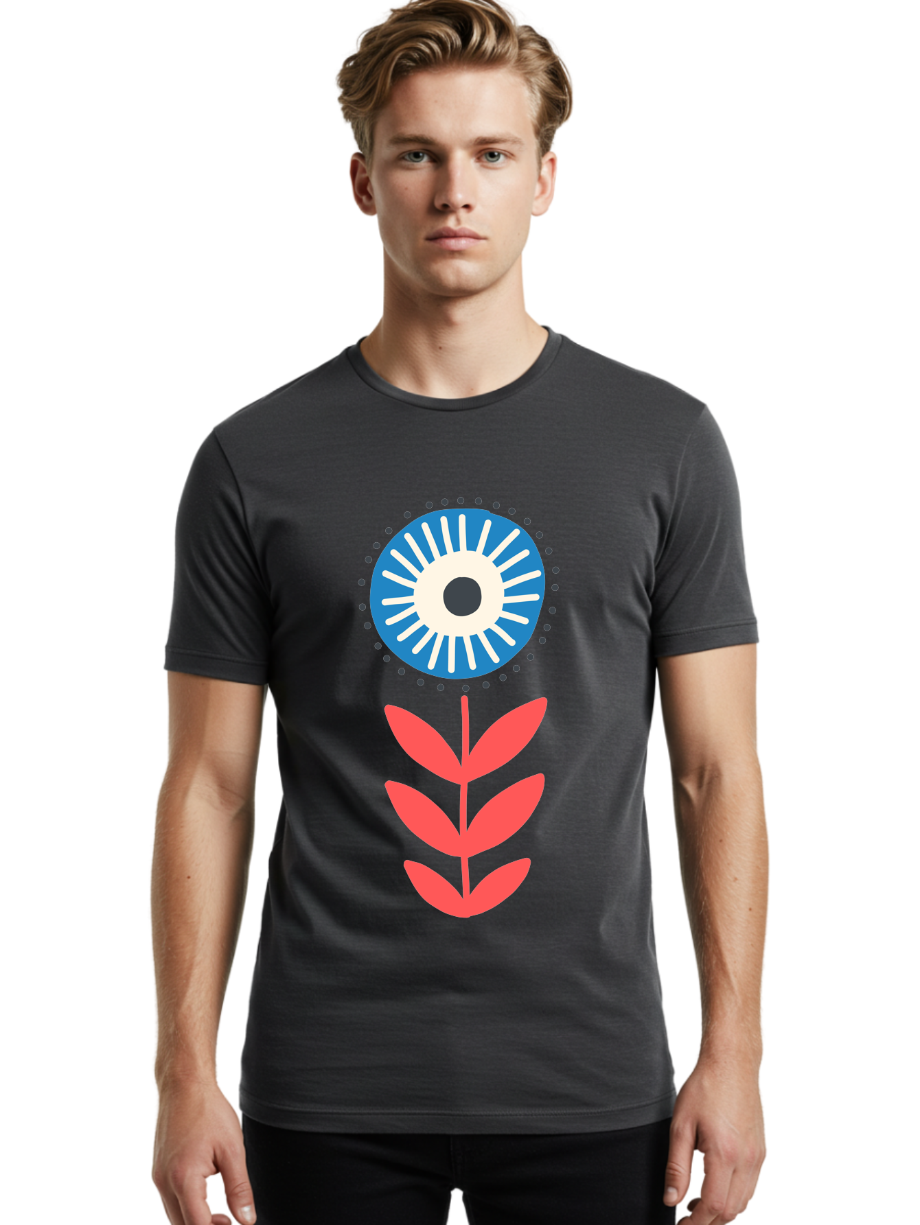 Eye-Flower-1 Men'S Graphic Tee, 100% Cotton, Comfortable Casual Summer Wear, Machine Washable, Evil Eye Symbol, Blue And White Eye, Protection Charm, Floral Design, Red Leaves, Abstract Art, Mystical Motif, Symbolic Artwork Aab698
