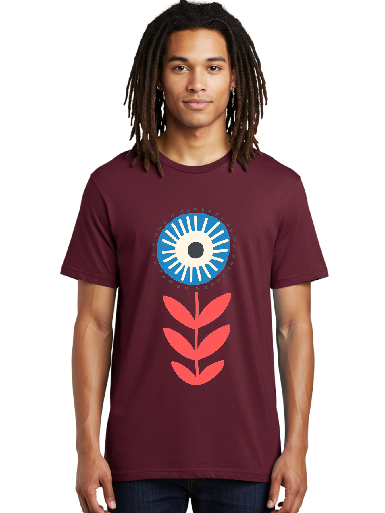 Eye-Flower-1 Men'S Graphic Tee, 100% Cotton, Comfortable Casual Summer Wear, Machine Washable, Evil Eye Symbol, Blue And White Eye, Protection Charm, Floral Design, Red Leaves, Abstract Art, Mystical Motif, Symbolic Artwork Aab698