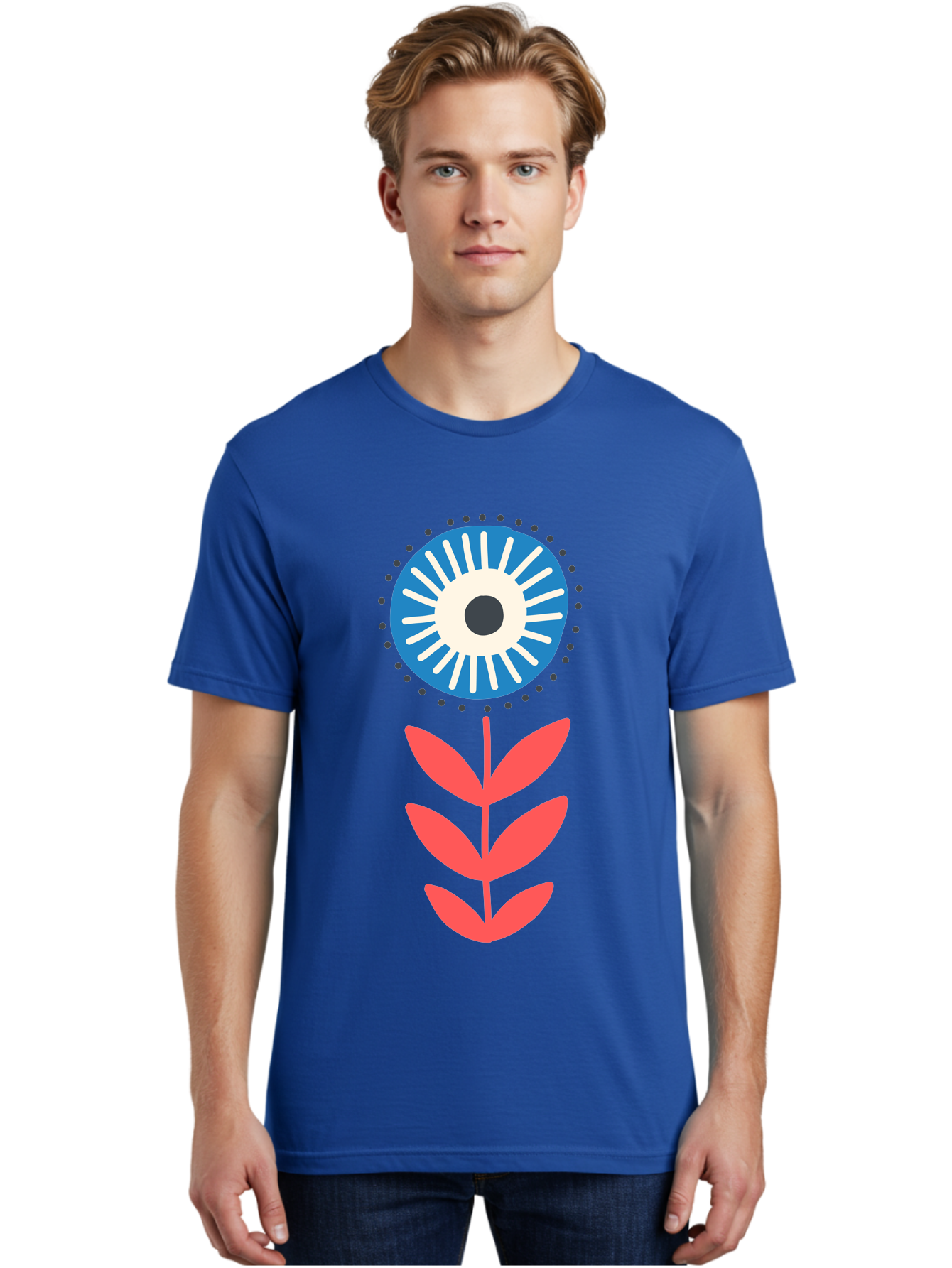 Eye-Flower-1 Men'S Graphic Tee, 100% Cotton, Comfortable Casual Summer Wear, Machine Washable, Evil Eye Symbol, Blue And White Eye, Protection Charm, Floral Design, Red Leaves, Abstract Art, Mystical Motif, Symbolic Artwork Aab698