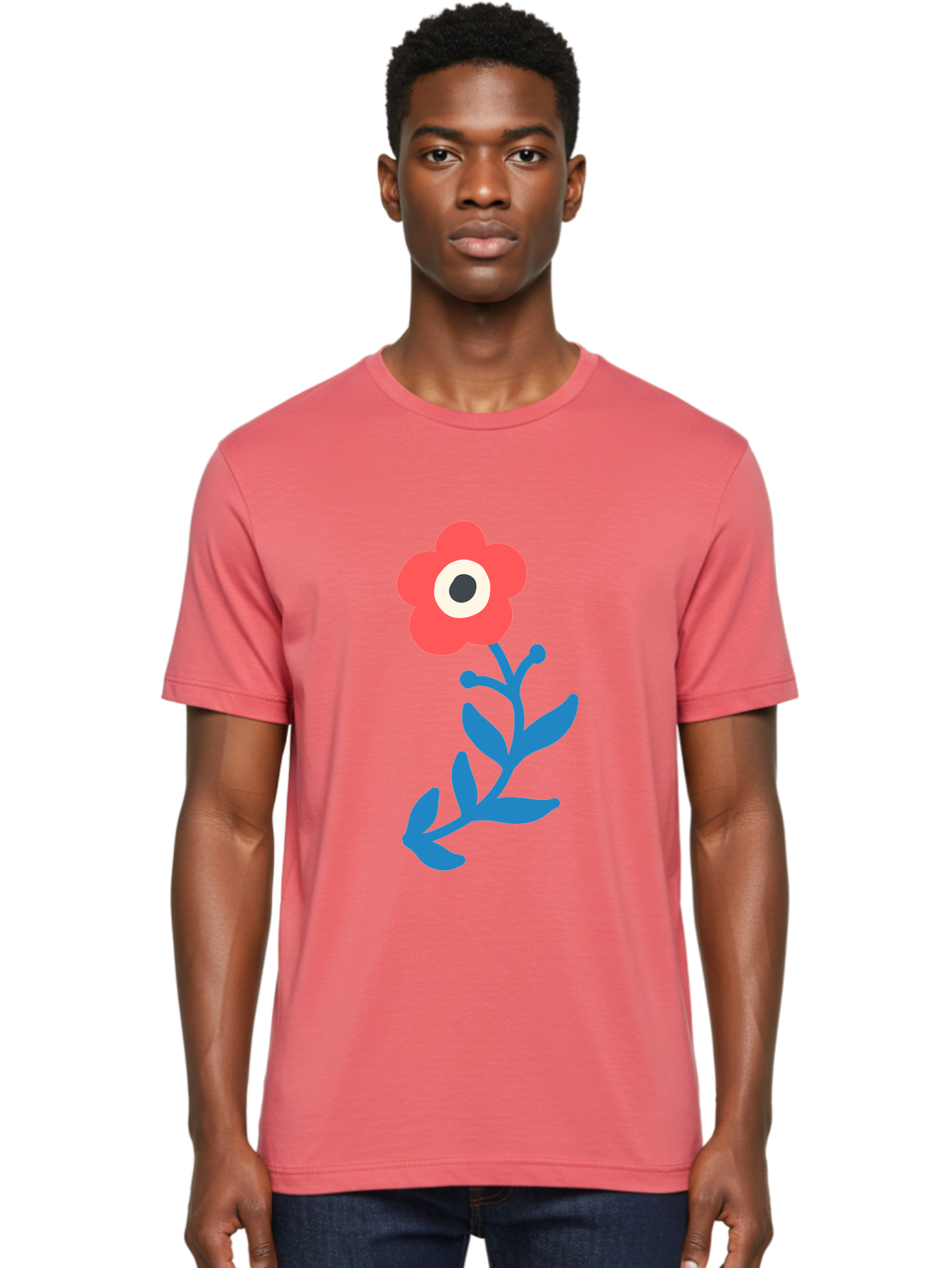 Eye-Flower Men'S Graphic Tee, 100% Cotton, Comfortable Casual Summer Wear, Machine Washable, Cartoon Flower, Floral Design, Red Bloom, Blue Leaves, Eye In Flower, Quirky Art, Illustration, Pop Art, Modern Art, Abstract Art, Red Petals, Aab699