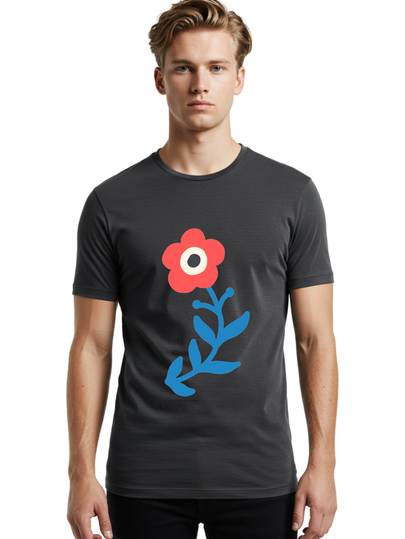 Eye-Flower Men'S Graphic Tee, 100% Cotton, Comfortable Casual Summer Wear, Machine Washable, Cartoon Flower, Floral Design, Red Bloom, Blue Leaves, Eye In Flower, Quirky Art, Illustration, Pop Art, Modern Art, Abstract Art, Red Petals, Aab699