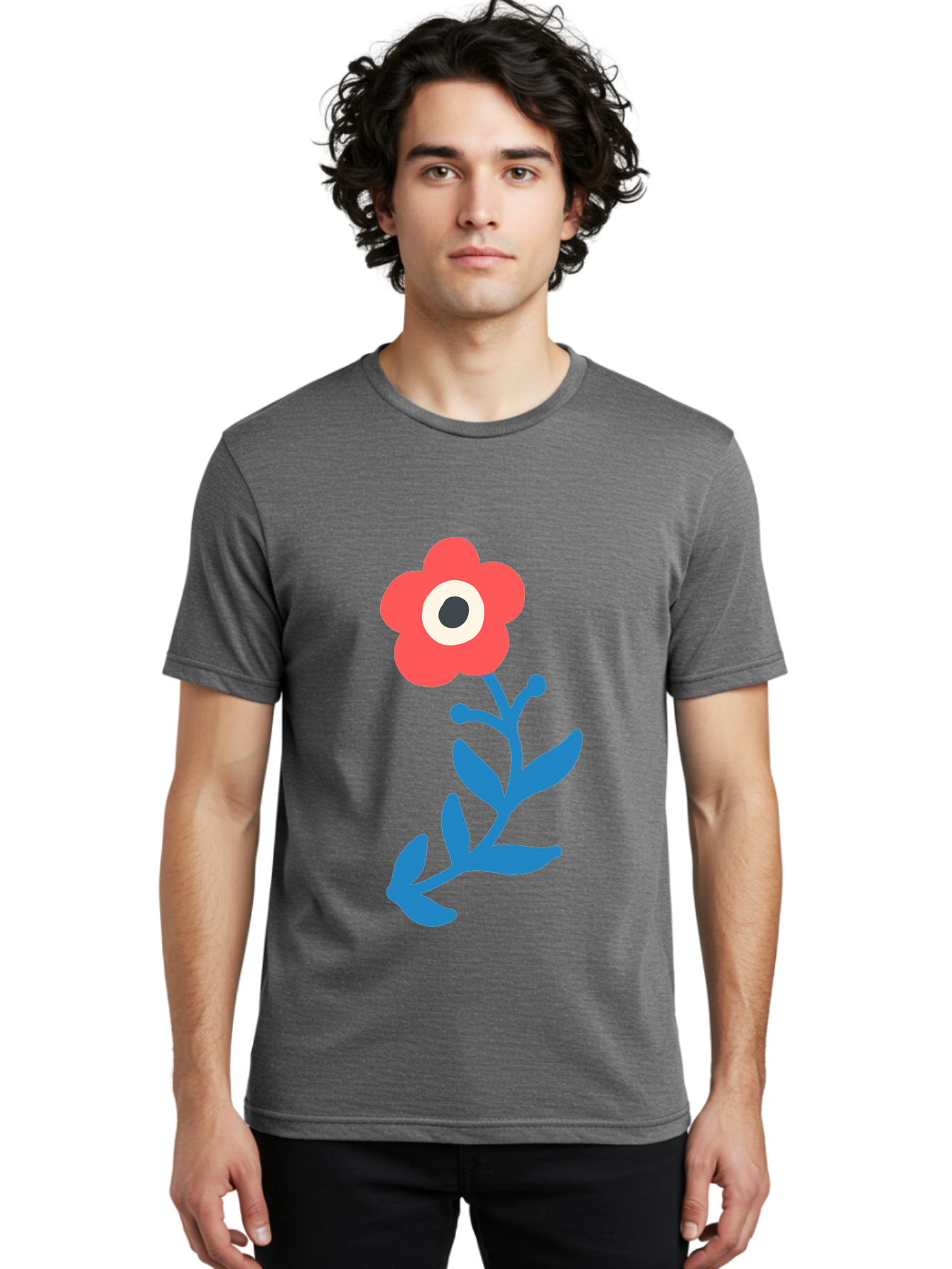 Eye-Flower Men'S Graphic Tee, 100% Cotton, Comfortable Casual Summer Wear, Machine Washable, Cartoon Flower, Floral Design, Red Bloom, Blue Leaves, Eye In Flower, Quirky Art, Illustration, Pop Art, Modern Art, Abstract Art, Red Petals, Aab699