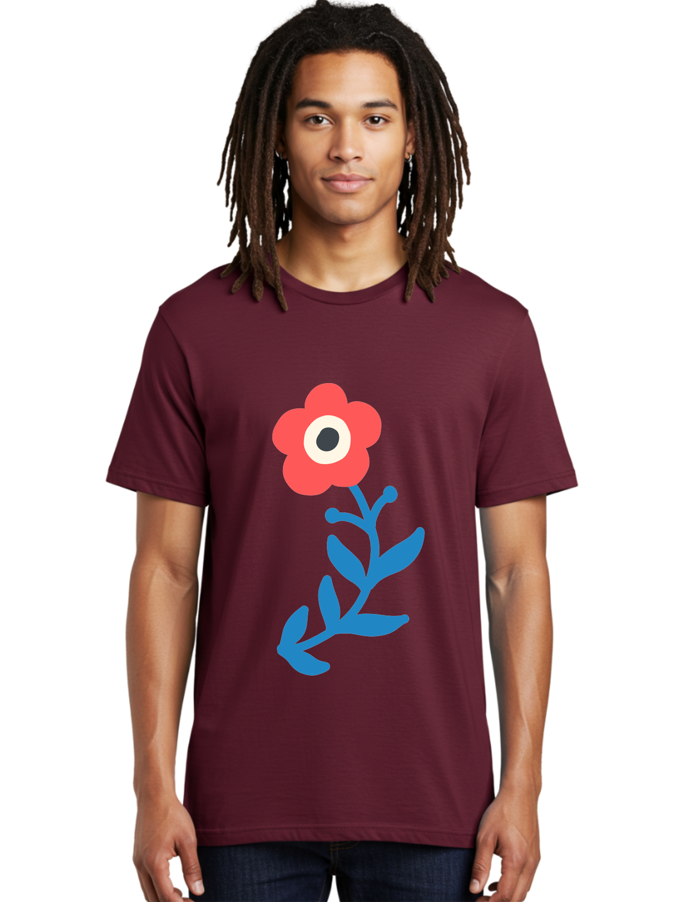 Eye-Flower Men'S Graphic Tee, 100% Cotton, Comfortable Casual Summer Wear, Machine Washable, Cartoon Flower, Floral Design, Red Bloom, Blue Leaves, Eye In Flower, Quirky Art, Illustration, Pop Art, Modern Art, Abstract Art, Red Petals, Aab699