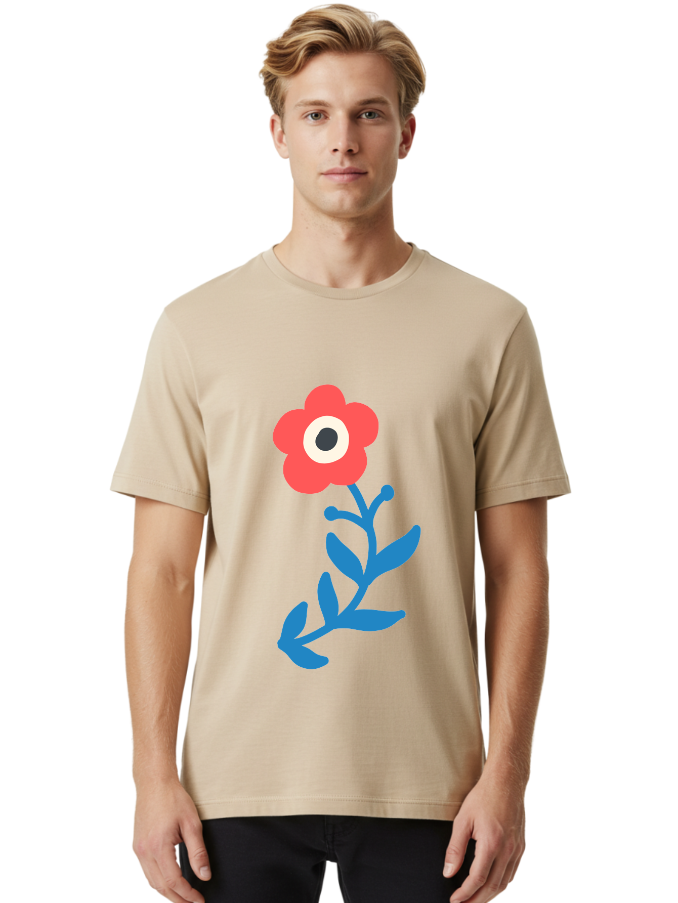 Eye-Flower Men'S Graphic Tee, 100% Cotton, Comfortable Casual Summer Wear, Machine Washable, Cartoon Flower, Floral Design, Red Bloom, Blue Leaves, Eye In Flower, Quirky Art, Illustration, Pop Art, Modern Art, Abstract Art, Red Petals, Aab699