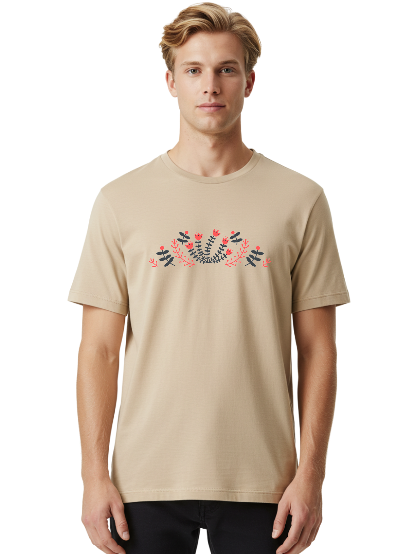 Floral-Design Men'S Graphic Tee, 100% Cotton, Comfortable Casual Summer Wear, Machine Washable, Floral Pattern, Elegant Design, Delicate Flowers, Pink Blooms, Dark Blue Leaves, Whimsical Arrangement, Beautiful Artwork, Floral Wreath, Aab700